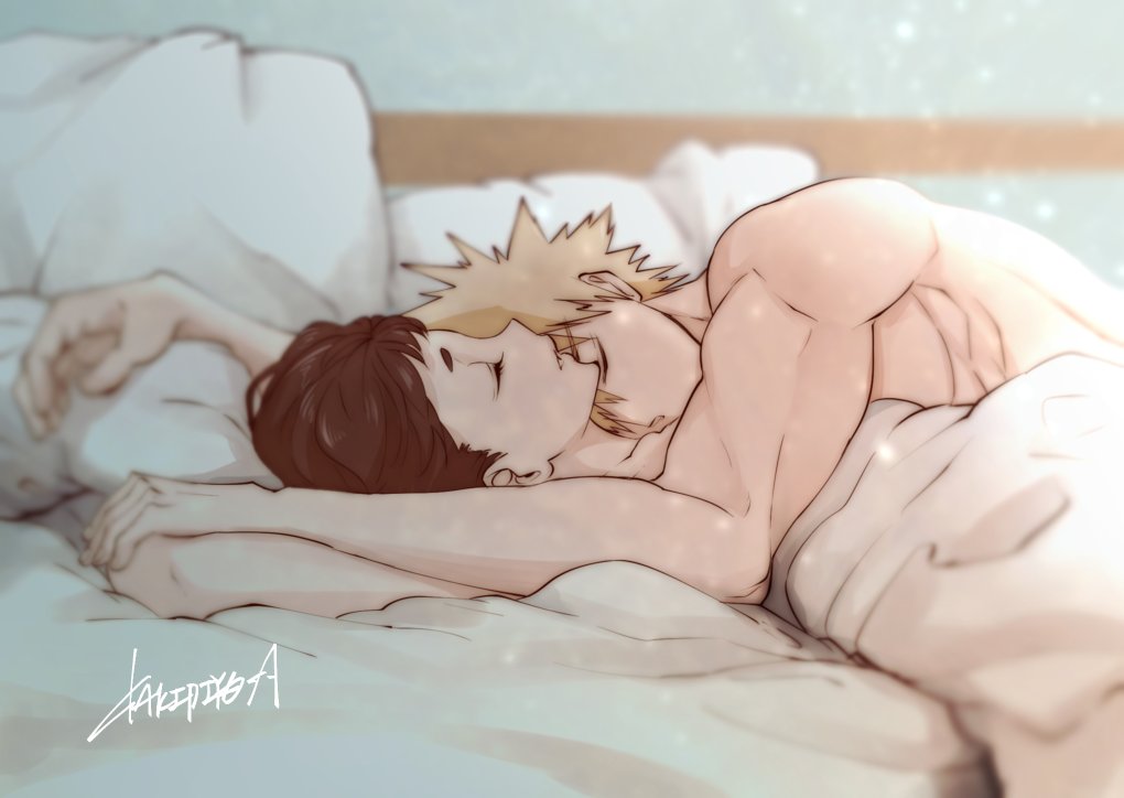 1boy 1boy1girl 1girls bedroom cuddling dkakipiyoa embrace female holding_partner in_bed kakipiyo katsuki_bakugou male male/female morning morning_after muscular muscular_male my_hero_academia nude ochako_uraraka on_bed on_person passionate romantic_ambiance sheets sleeping sleeping_on_person spiky_hair straight suggestive under_sheets wholesome