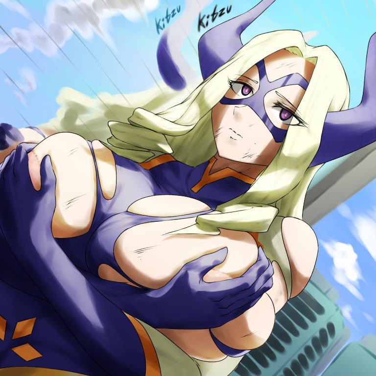 1girls, alternate eye color, areola, areola slip, blonde hair, bodysuit, breast focus, breasts, breasts out, buildings, clothed, clothed female, clothing, covered nipples, covering, covering self, embarrassed, fake horns, female, female only, giantess, gloves, huge breasts, kitzu art, light skin, light-skinned female, long hair, looking at viewer, mask, mount lady, my hero academia, no bra, open clothes, paipan, pale skin, pale-skinned female, purple eyes, ripped clothing, shounen jump, solo, solo female, solo focus, standing, torn clothes, upper body, wardrobe malfunction, yuu takeyama