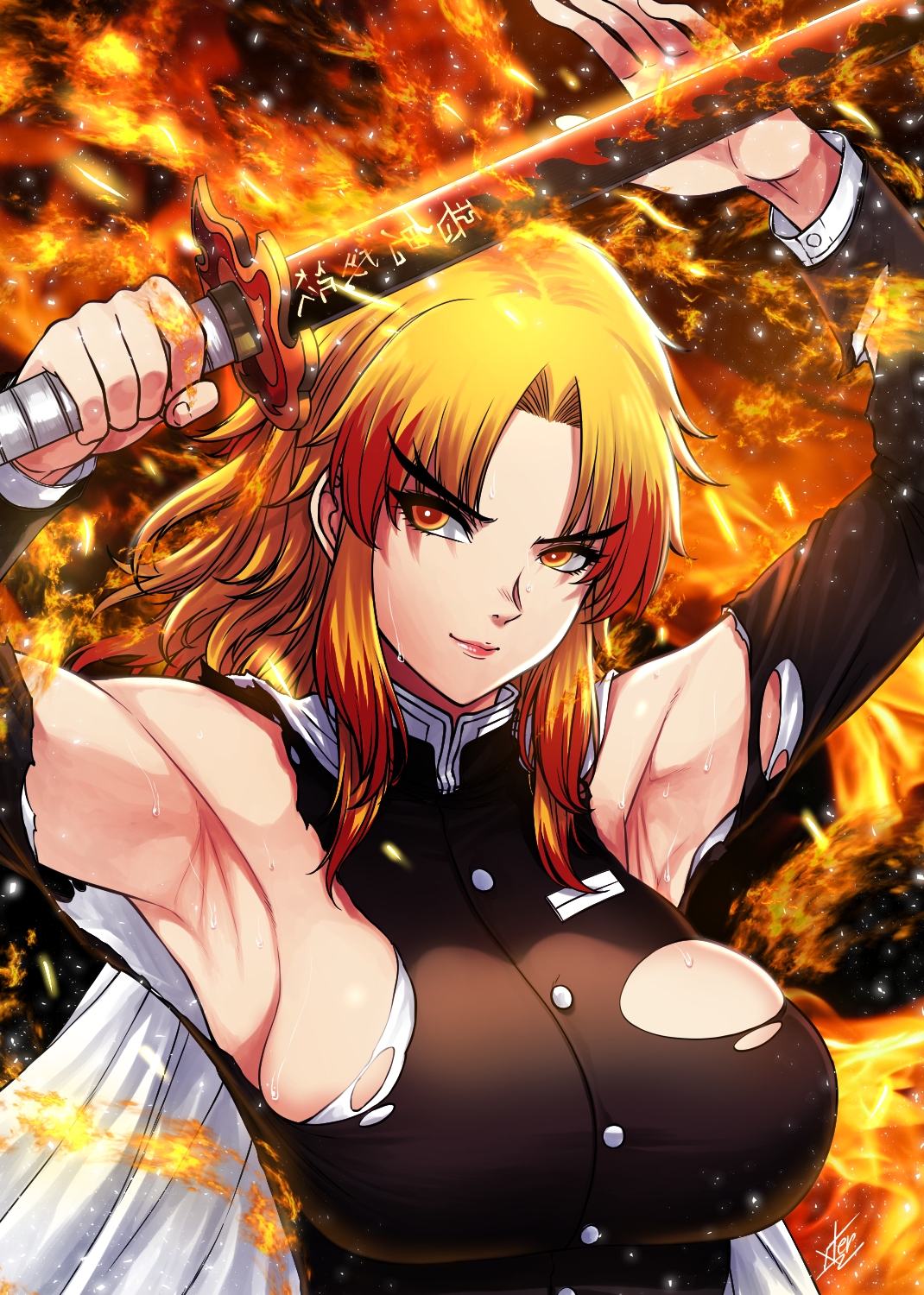 armpit fetish, armpits, big breasts, blonde hair, breasts, demon slayer, female, female only, fire, genderswap, genderswap (mtf), kimetsu no yaiba, red eyes, rengoku kyoujurou, ripped clothing, rule 63, sexy armpits, smirk, solo, sweat, sword, thick eyebrows, torn clothes, two-tone hair, xtermination