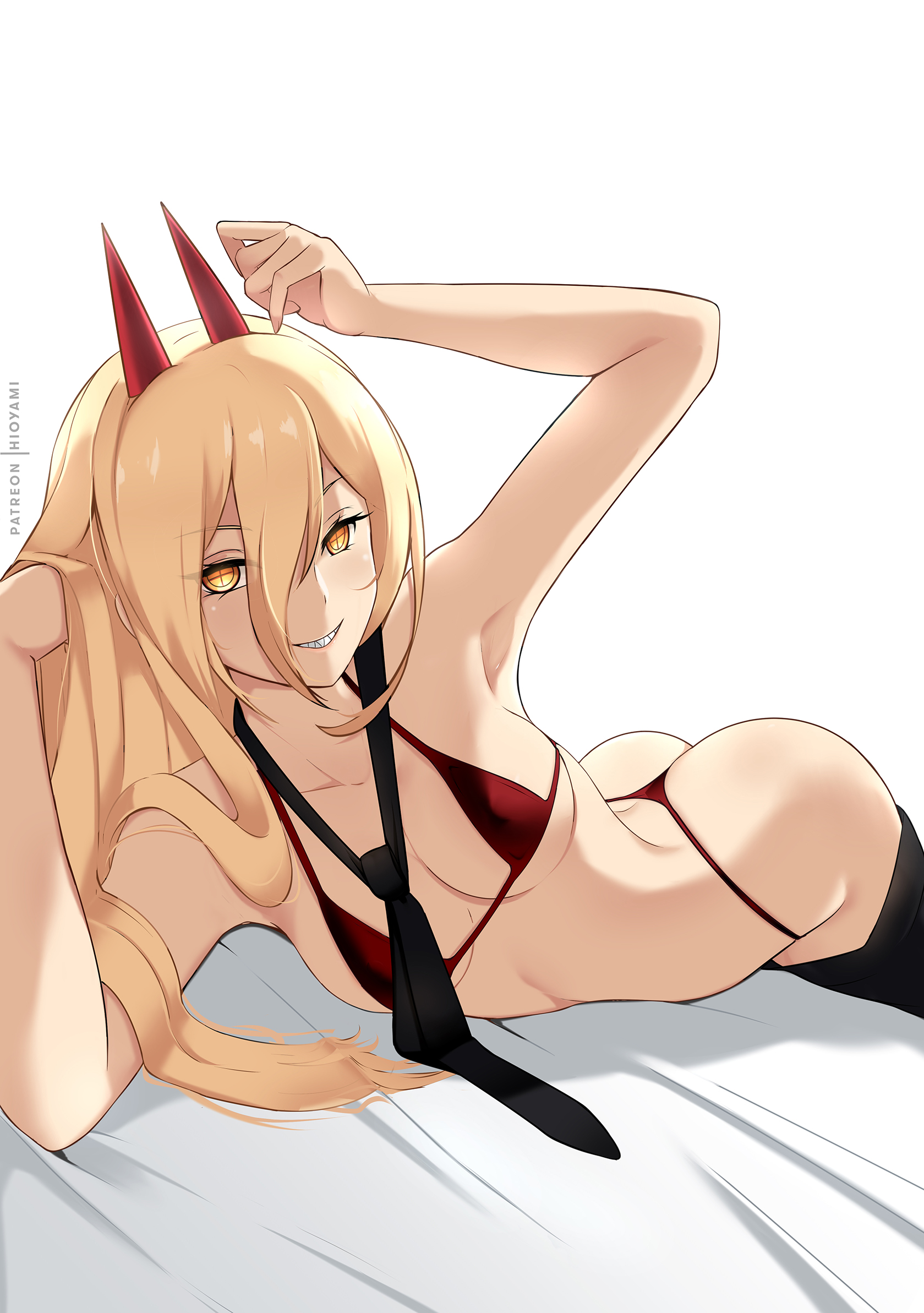 1girls, armpits, ass, blonde hair, breasts, chainsaw man, demon, demon girl, eye contact, female, female only, hioyami, horns, long hair, looking at viewer, power (chainsaw man), revealing clothes, smiling, thighs, thong, yellow eyes