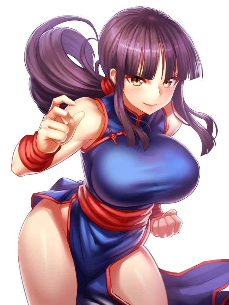 1girls, bare shoulders, bent over, big breasts, black hair, blue dress, blunt bangs, breasts, chichi, dragon ball, dragon ball (classic), female, female only, fully clothed, huge breasts, ponytail, red belt, shounen jump, simple background, solo, teenage female, teenager, thick thighs, yellow eyes