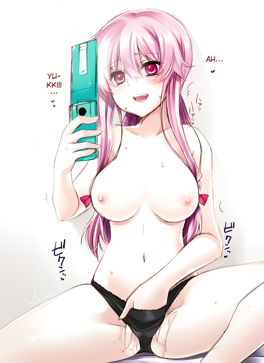 black_panties blush female female_only gasai_yuno heart holding_phone long_hair masturbation mirai_nikki pink_eyes pink_hair purple_eyes selfie solo text underwear vaginal_masturbation white_background