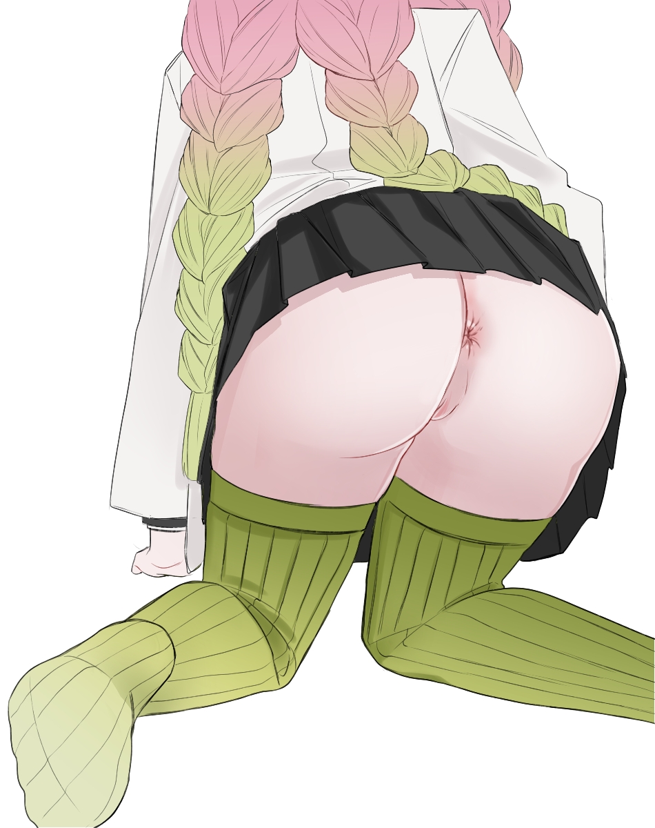 anus ass ass_focus back_view braided_hair braids demon_slayer female female_only haori kanroji_mitsuri kimetsu_no_yaiba kneeling no_panties pink_hair pleated_skirt riq skirt solo thighhighs two_tone_hair uncensored upskirt