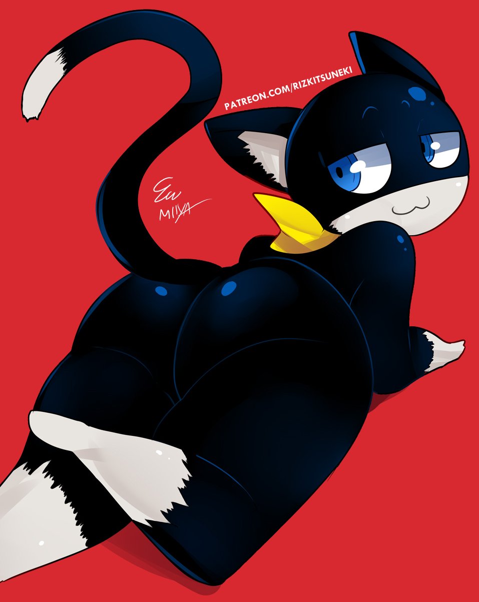 1boy, anthro, ass, atlus, blue eyes, feline, gay, looking back, male, miiyauwu, morgana (persona), persona, persona 5, rizkitsuneki, tagme