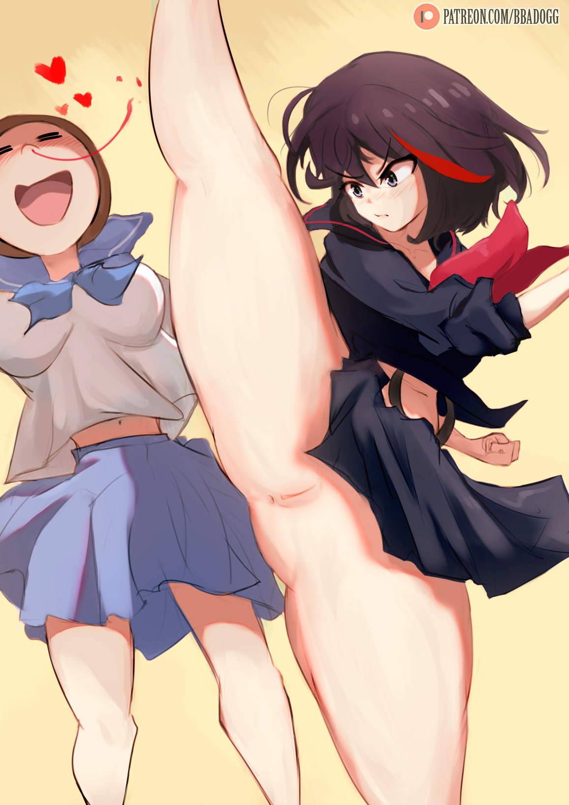 bbadogg, belly button, black hair, black skirt, black topwear, bowl cut, brown hair, clothed, clothing, female, female focus, female only, female protagonist, heart, hips, innie pussy, kick, kicking, kill la kill, mankanshoku mako, martial arts, matoi ryuuko, no panties, nosebleed, pussy, red highlights, revealing clothes, school uniform, schoolgirl, senketsu, short hair, short skirt, skirt, skirt lift, slim waist, splits, studio trigger, suspenders, thick thighs, thighs, two-tone hair, vagina, vertical splits, wide hips, yuri