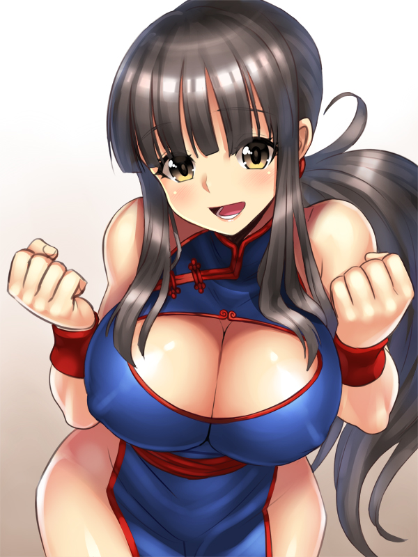 1girls, bare shoulders, bent over, big breasts, black hair, blue dress, blunt bangs, boob window, breasts, chichi, cleavage, cleavage cutout, dragon ball, dragon ball (classic), female, female only, fully clothed, huge breasts, nipples visible through clothing, ponytail, red belt, shounen jump, simple background, smile, solo, teenage female, teenager, thick thighs, yellow eyes