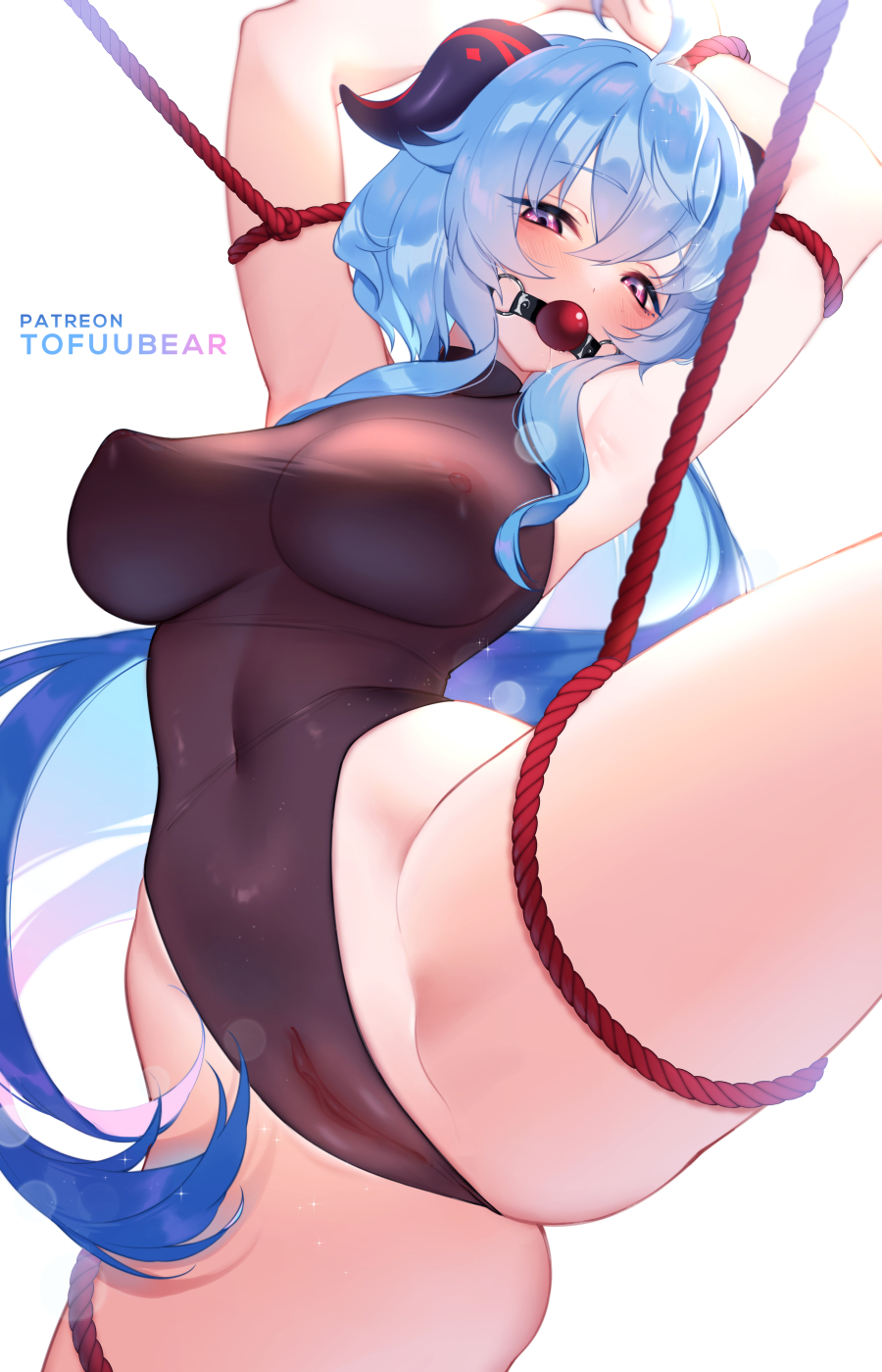 ahoge armpits ball_gag black_leotard blue_hair bondage bound breasts covered_nipples eyebrows_visible_through_hair female female_only gag gagged ganyu_(genshin_impact) genshin_impact goat_horns hair_between_eyes highleg highleg_leotard highres horns large_breasts leotard long_hair nipples patreon_username pink_eyes pussy red_ball_gag restrained rope rope_bondage see-through simple_background solo thighs tied_up tofuubear white_background