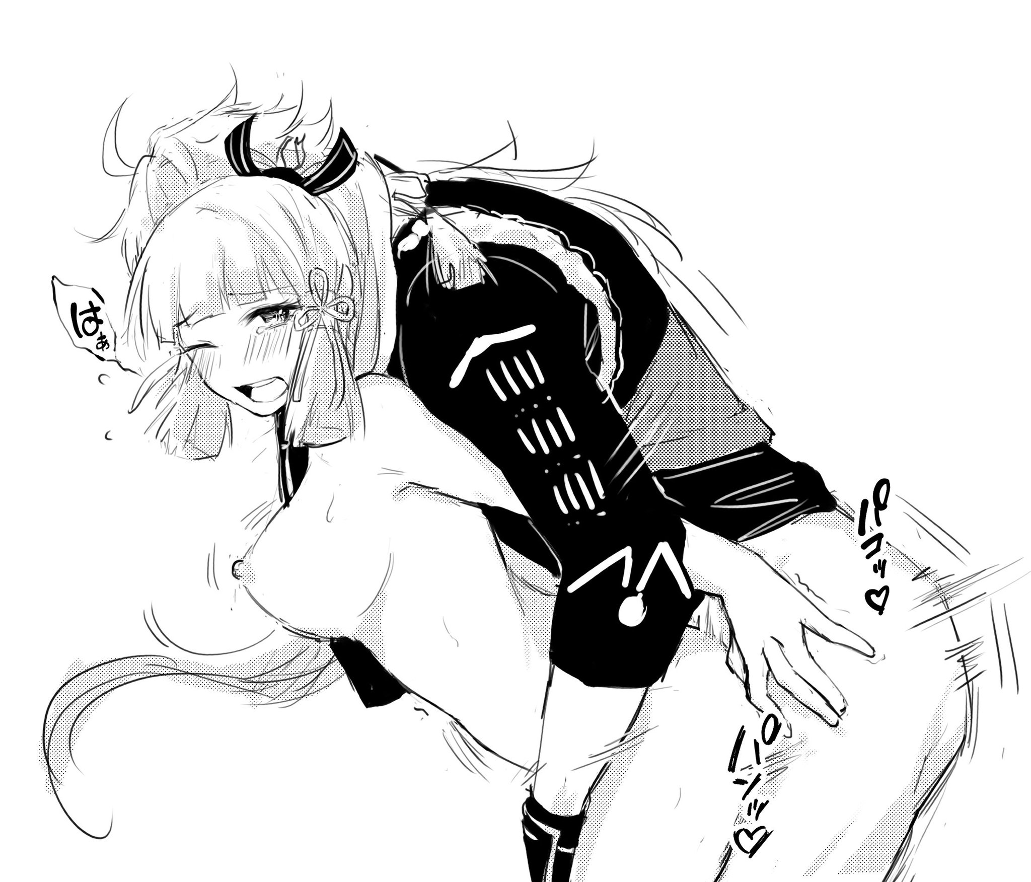 1boy, 1girls, black and white, blush, breasts, doggy style, female, female penetrated, genshin impact, half-dressed, jiggle, k4xdkskmeonk, kamisato ayaka, light skin, light-skinned female, long hair, male, motion lines, naked, nipples, nude, nude female, penetration, straight, tear, thoma (genshin impact)