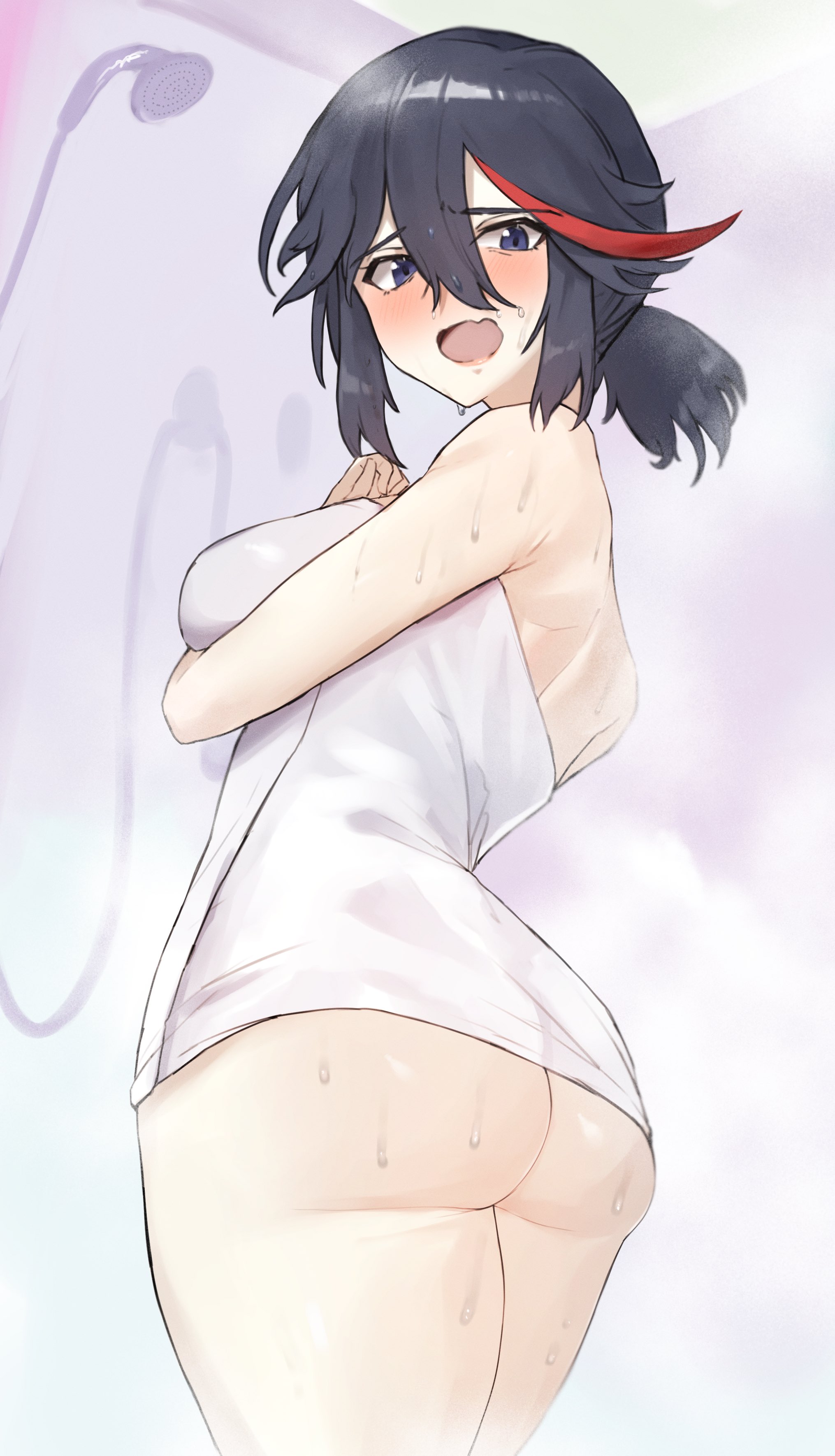 1girls, arm under breasts, ass, back, big ass, big butt, black hair, black-haired female, blush, blushing, breasts, dark hair, embarrassed, female, female only, hand under breasts, huge ass, kataku musou, kill la kill, large ass, matoi ryuuko, mouth open, red hair stripe, short hair, shower head, shower steam, shy, steam, tagme, thick ass, thick thighs, thighs, tomboy, towel, towel only, wet, wet body, wet skin