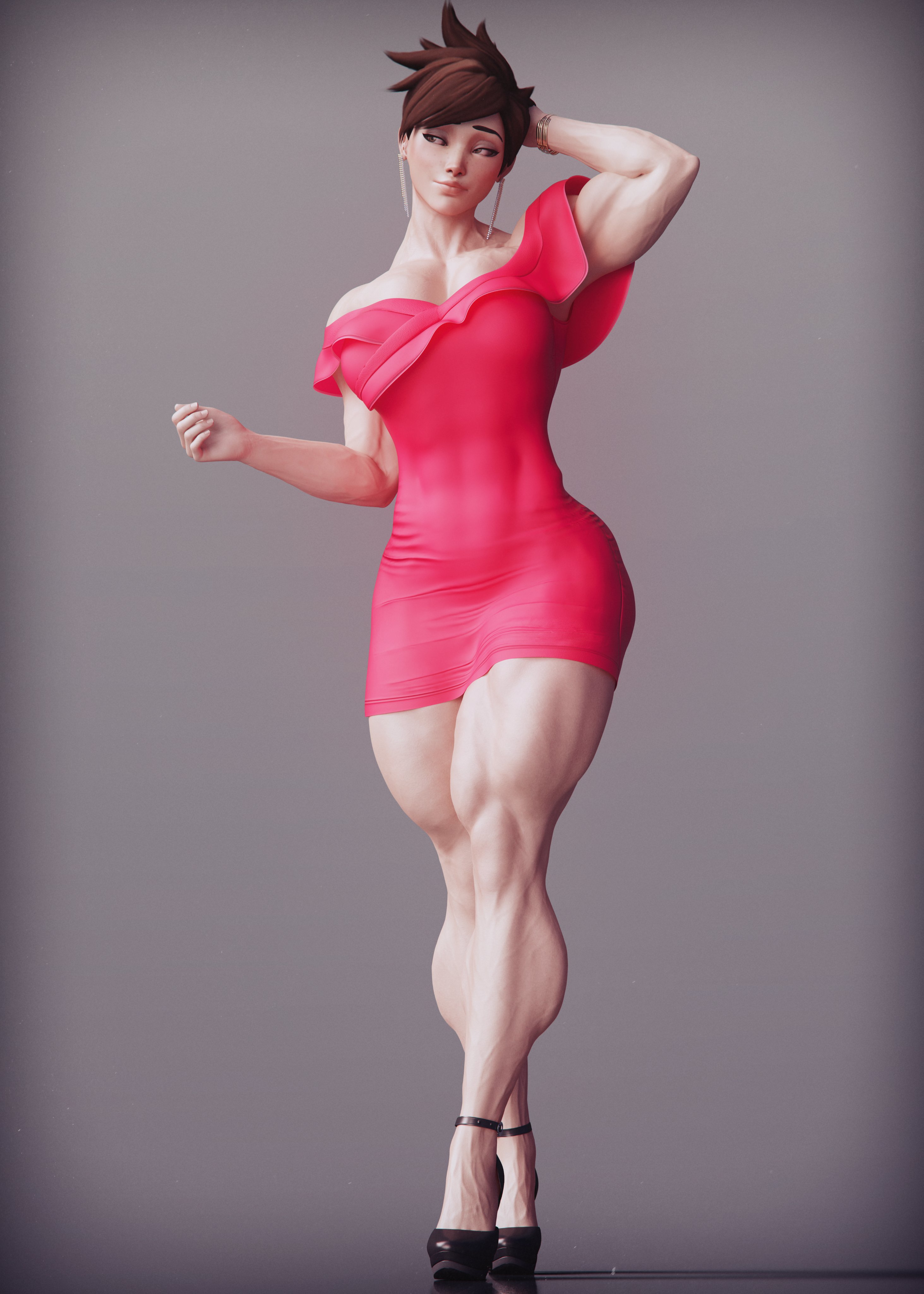 1girls, 3d, abs, dashie116, female, high heels, muscular, muscular female, overwatch, red dress, tracer