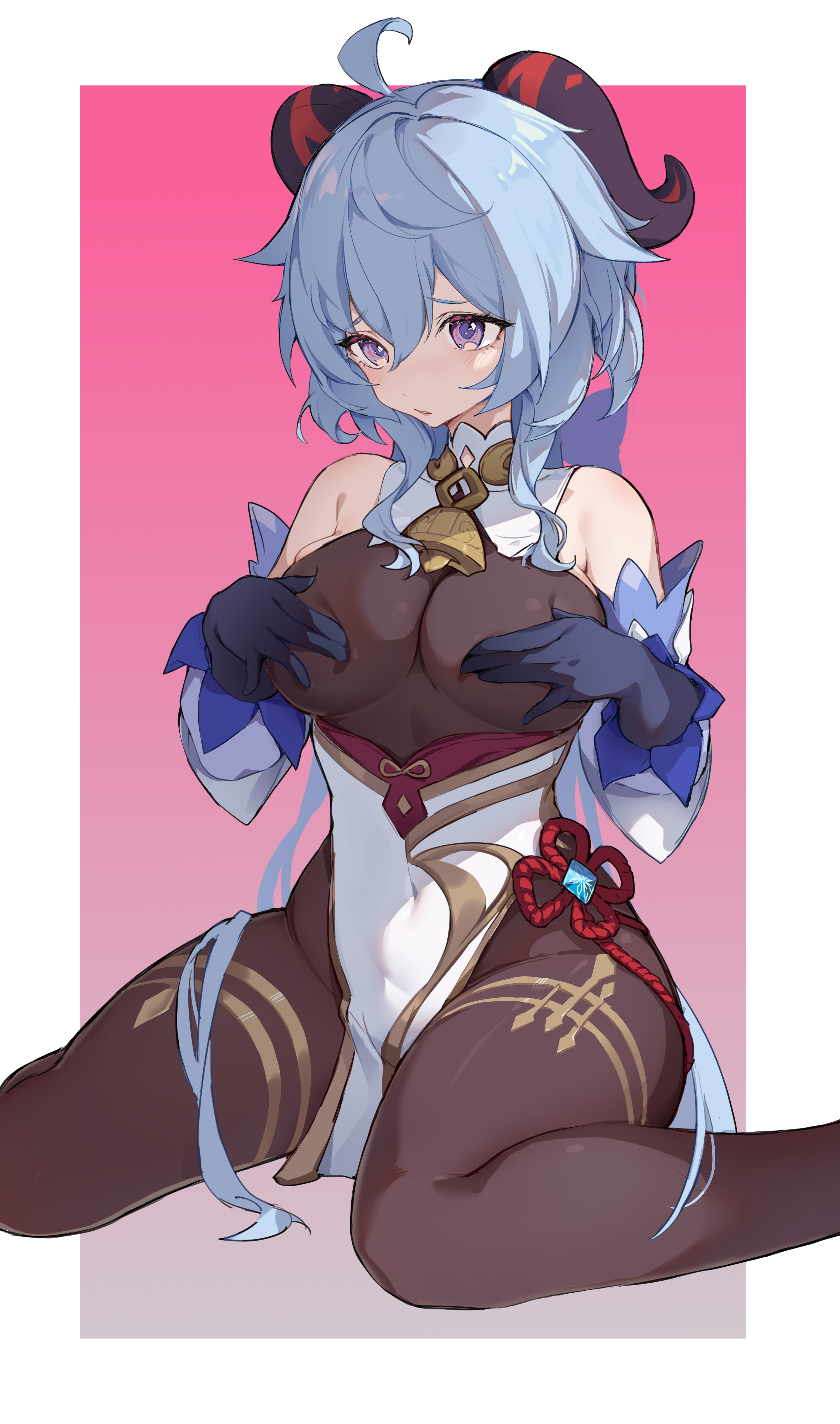 1girls, absurdres, ahoge, artist request, blue hair, bodystocking, breasts, breasts touching, cowbell, female, female only, ganyu (genshin impact), genshin impact, goat horns, horns, medium hair, purple eyes, sad, sitting, solo