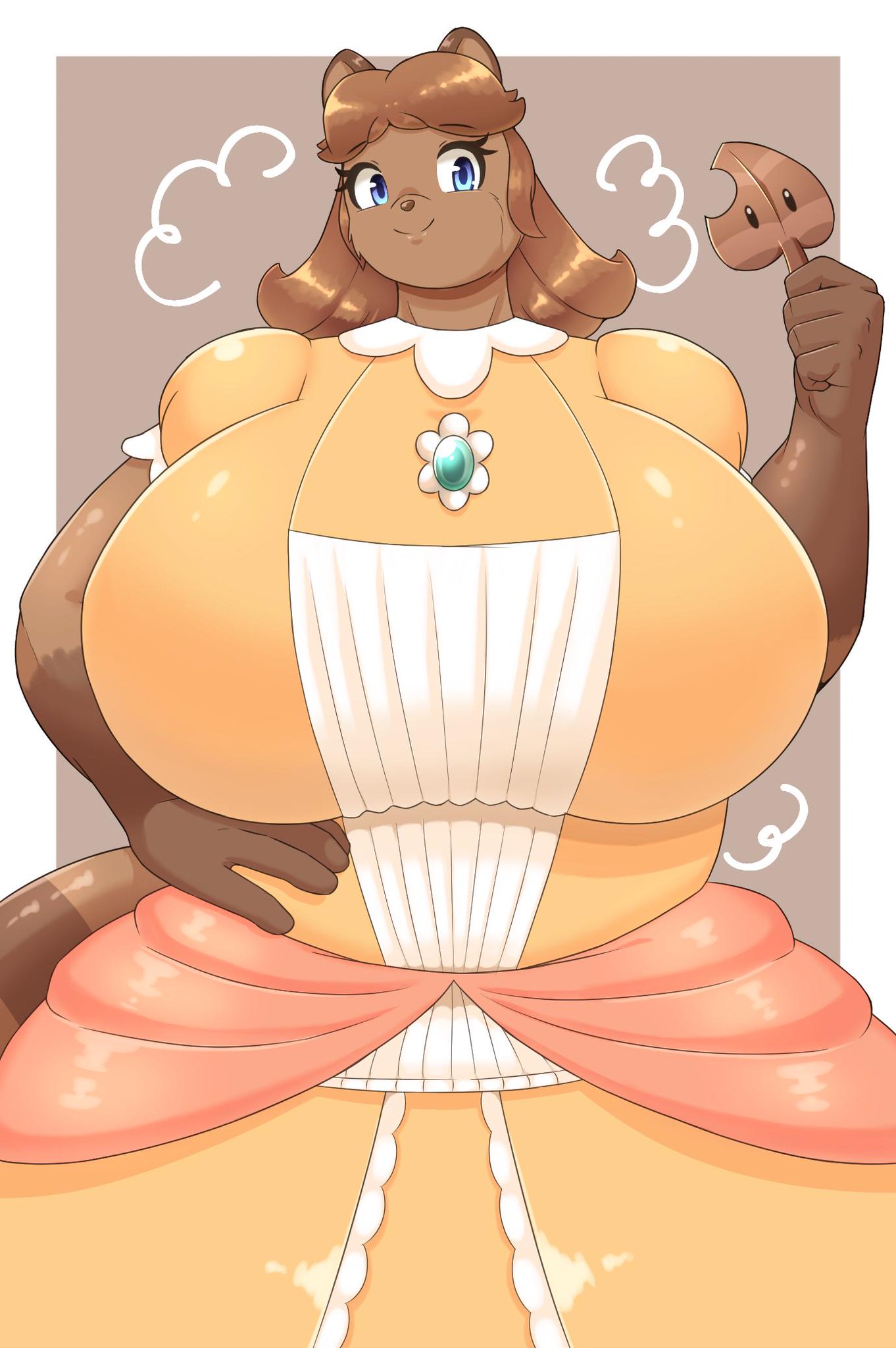 bbw big_breasts braffy brown_fur brown_hair dress fat female female_only furry furry_ears hand_on_hip huge_breasts leaf mario_(series) nintendo orange_dress overweight power_up princess princess_daisy princess_dress slightly_chubby super_mario_3d_land super_mario_bros. tanuki transformation voluptuous white_dress