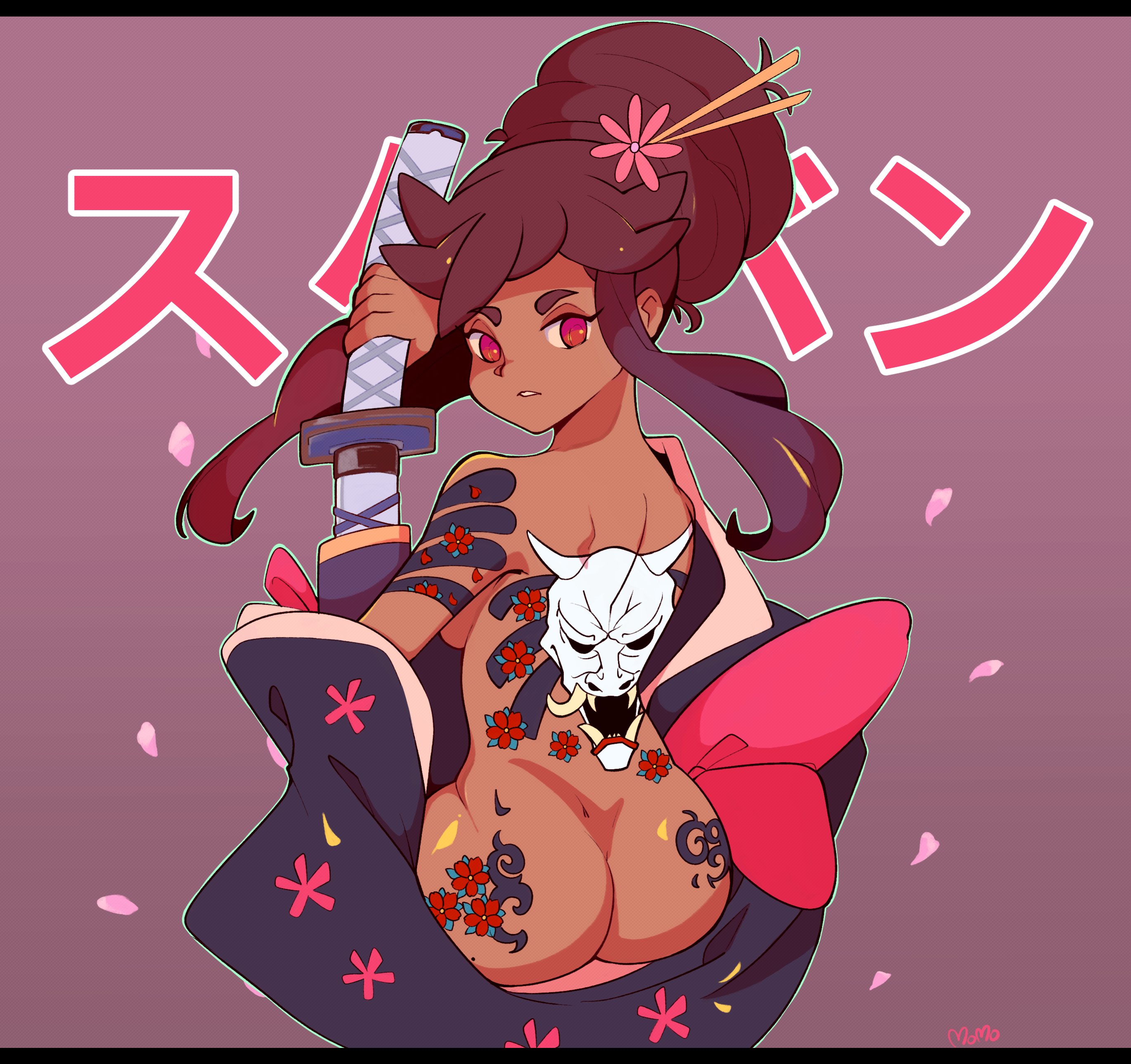 ass, backside, dark skin, flower, flower in hair, japanese, japanese clothes, japanese text, katana, looking at viewer, mari (tiaramisstsu), nude, rose petals, sitting, tattoo, tattoo on butt, tiaramisstsu