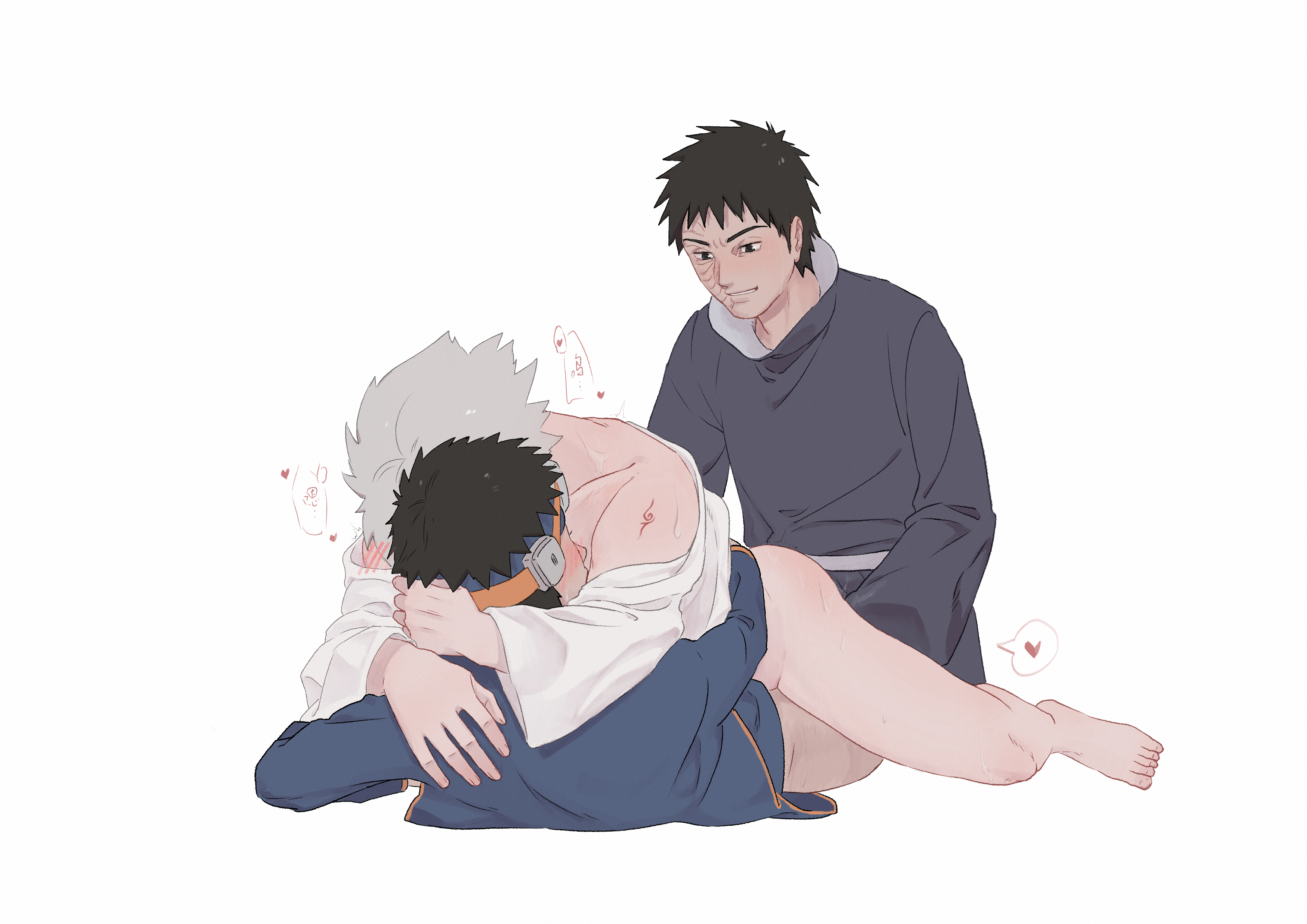 2boys, 3boys, age difference, arm tattoo, ass, bare shoulders, barefoot, bent over, big sub, black hair, blush, blushing, bottomless, bubble ass, bubble butt, clothed, clothed sex, cowgirl position, doggy style, female, gay, gay sex, hatake kakashi, hugging, implied penetration, kakashi hatake, kneeling, lying, male, male focus, male only, multiple boys, multiple males, naruto, naruto (series), naruto shippuden, older male, older sub, older sub younger dom, power bottom, sex, short hair, silver hair, small dom, small dom big sub, taken from behind, tattoo, threesome, time paradox, uchiha obito, yaoi, younger dom older sub, younger male