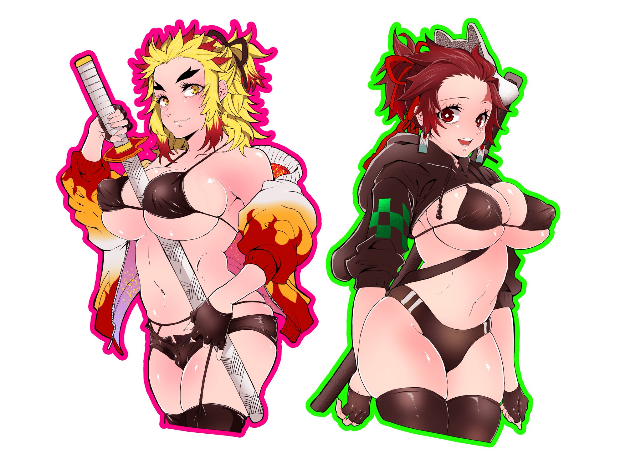 2girls, alternate costume, big breasts, black bikini, black clothing, black thighhighs, blonde hair, breasts, clothing, crop top, demon slayer, erect nipples under clothes, female, female only, female tanjirou, fingerless gloves, garter belt, garter straps, genderswap, genderswap (mtf), gloves, hi res, kamado tanjirou, kimetsu no yaiba, looking at viewer, mask on head, micro bikini, nipples, ponytail, red eyes, red hair, rengoku kyoujurou, rule 63, short shorts, smile, sweatshirt, sword, taiga (pixiv), thick eyebrows, thick thighs, thighhighs, two-tone hair, underboob, underwear, wide hips, x-ray, yellow eyes, zettai ryouiki