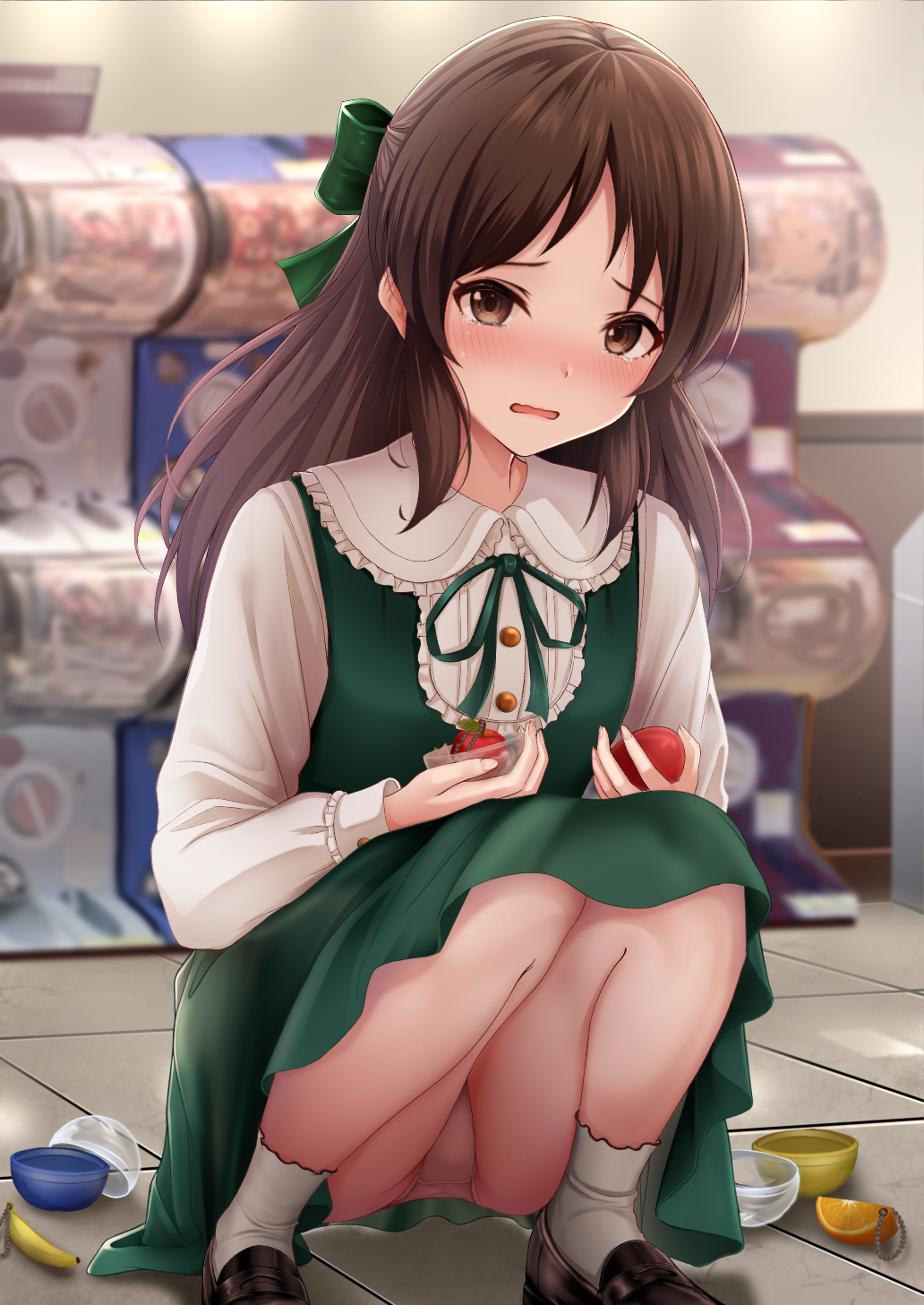 1girls black_footwear blurry blurry_background blush bow brown_eyes brown_hair collared_shirt depth_of_field dress female frilled_shirt_collar frills green_bow green_dress green_ribbon hair_bow hair_ornament high_resolution holding idolmaster idolmaster_cinderella_girls loafers long_hair long_sleeves looking_at_viewer monaka_curl neck_ribbon nose_blush parted_lips ribbon shirt shoes sleeveless sleeveless_dress slip-on_shoes socks solo squatting tachibana_arisu tears the_idolmaster_cinderella_girls:_starlight_stage tile_floor tiles wavy_mouth white_legwear white_shirt