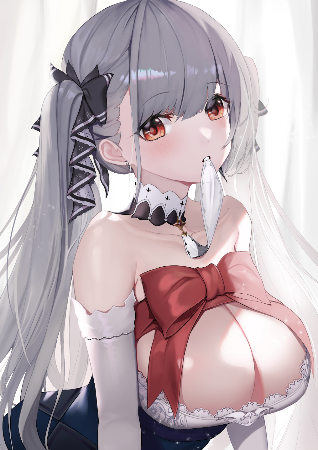 azur lane, bare shoulders, beige hair, big breasts, blunt bangs, blush, breasts, cleavage, corset, cute, deep cleavage, earrings, female, formidable (azur lane), hairtie, hourglass figure, huge breasts, light skin, light-skinned female, maid uniform, red eyes, revealing clothes, ring, seductive, seductive smile, smile, twintails