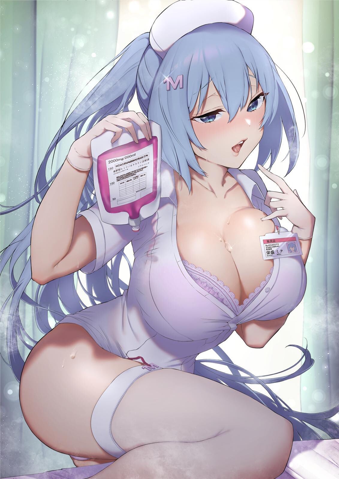 ass, big ass, big breasts, blood, blue eyes, blue hair, bra, breasts, cleavage, female, gloves, hairpin, hourglass figure, huge breasts, name tag, nurse, nurse cap, nurse uniform, panties, seductive, seductive look, thick thighs, thighhighs, twintails, wide hips