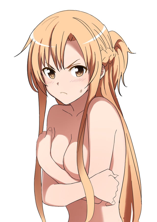 1girls, blush, breasts, covered nipples, covering breasts, female, looking at viewer, pov, pov eye contact, solo, sword art online, tagme, yuuki asuna
