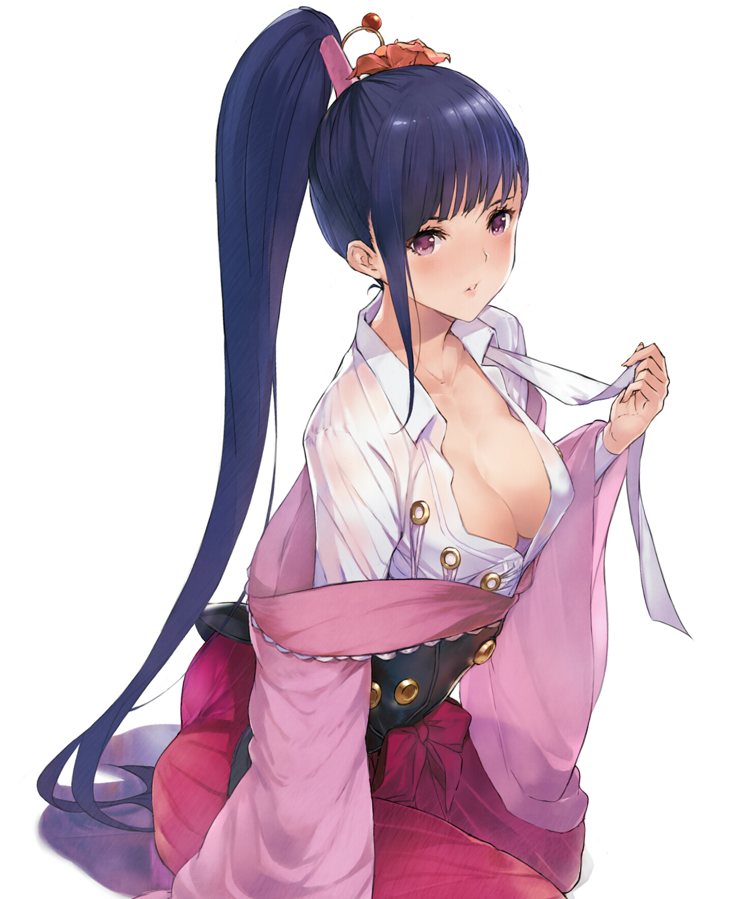 breasts, cleavage, dress shirt, female, fully clothed, koutetsujou no kabaneri, no bra, open shirt, see-through, tagme, tokopi, undressing, white background, yomogawa ayame