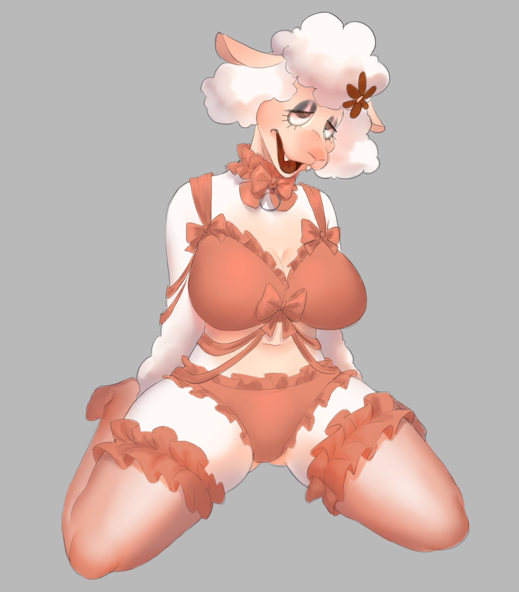 1girls, anthro, big breasts, bow bra, bra, breasts, choker, curvy, female, female only, flower in hair, furry, humanoid genitalia, kneeling, lingerie, milf, nipples, panties, red bra, red panties, sha (the walten files), sheep, simple background, solo, ss0v3l, stockings, the walten files, thick thighs, thighhighs, white fur
