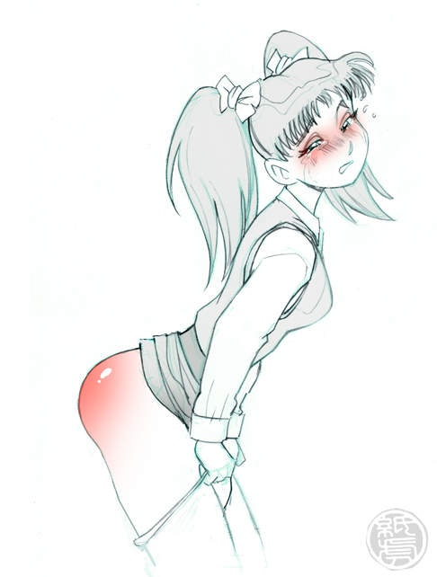 1girls, bent over, brown hair, crying, female, femsub, hair tie, jana (kamitora), kamitora, panties pulled down, purple eyes, solo, solo female, spank marks, spanking, teenager, twintails