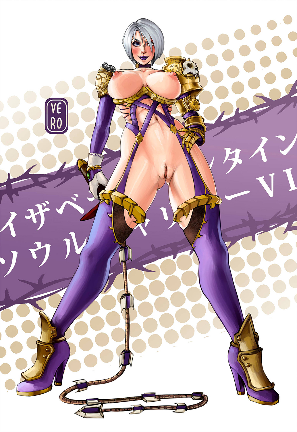 1girls areolae breasts busty female female_only full_body hand_on_hip heels high_heel_boots high_heels hourglass_figure isabella_valentine large_breasts lipstick looking_at_viewer namco nipples pussy short_hair smile solo soul_calibur standing sword tagme theartofvero thigh_boots vero whip_sword white_hair wide_hips