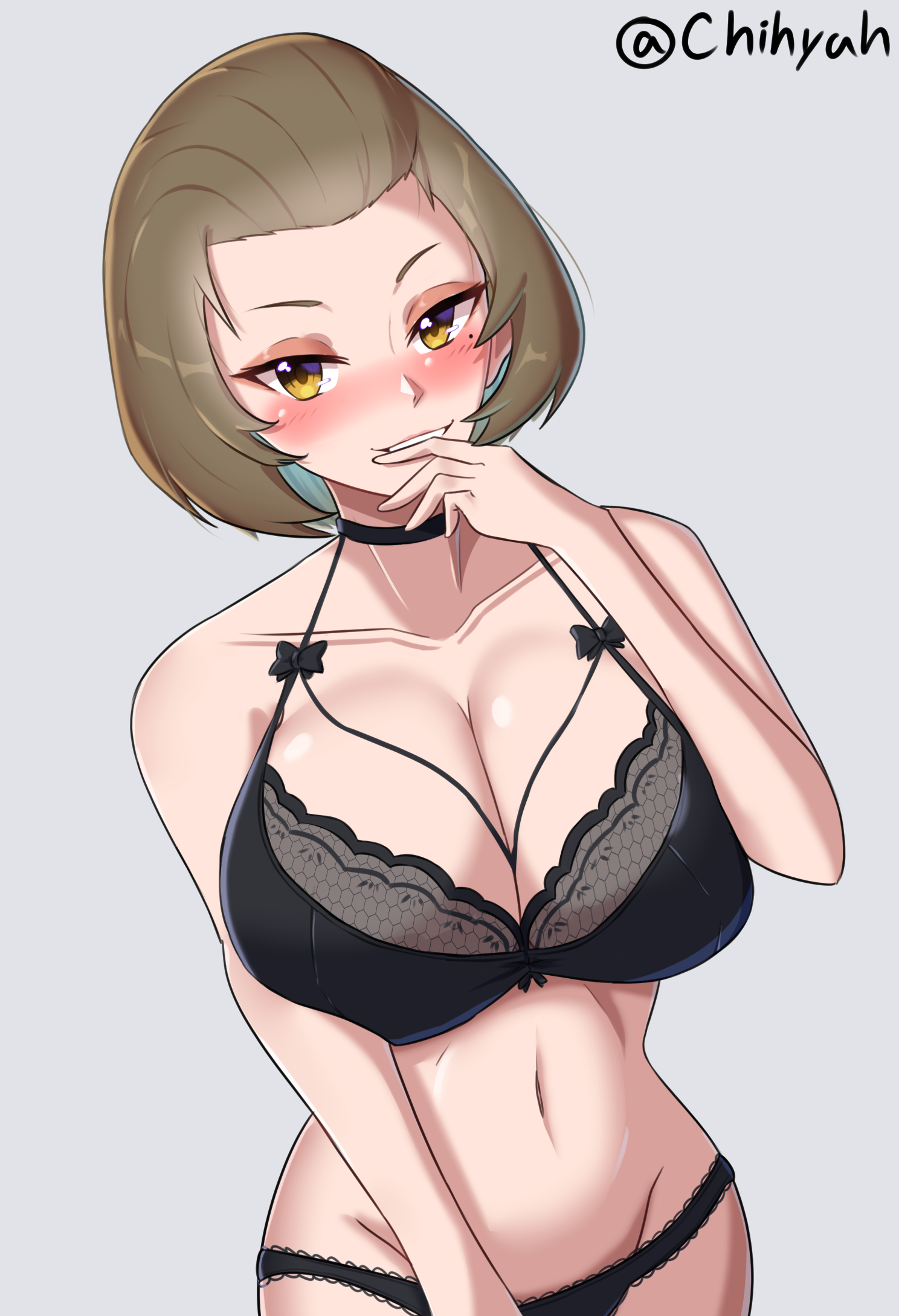 1girls, artist name, bare midriff, bare shoulders, bare thighs, beauty mark, black lingerie, black panties, blush, breasts, brown fur, brown hair, chihyah, choker, cleavage, collarbone, commission, female, fire emblem, fire emblem: three houses, grey background, grin, hand to own mouth, hourglass figure, huge breasts, lingerie, manuela casagranda, mole, mole under eye, nintendo, panties, short hair, smile, solo