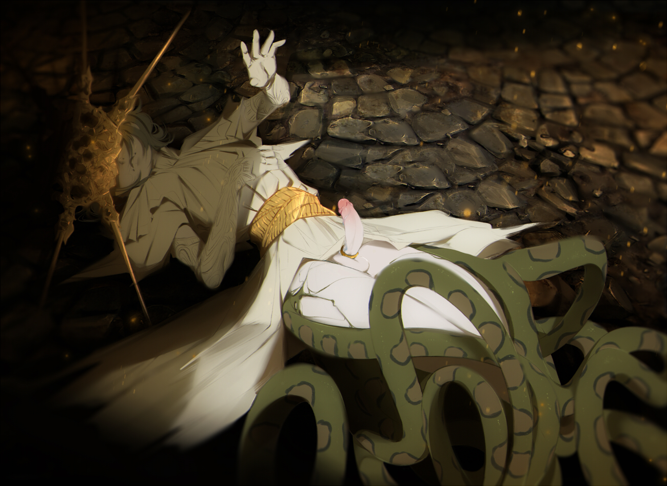 1boy, dark souls, dark sun gwyndolin, deity, erect penis, erection, fromsoftware, light skin, light-skinned male, male, male focus, male only, pale skin, pale-skinned male, penis, solo, white body, white hair, white skin