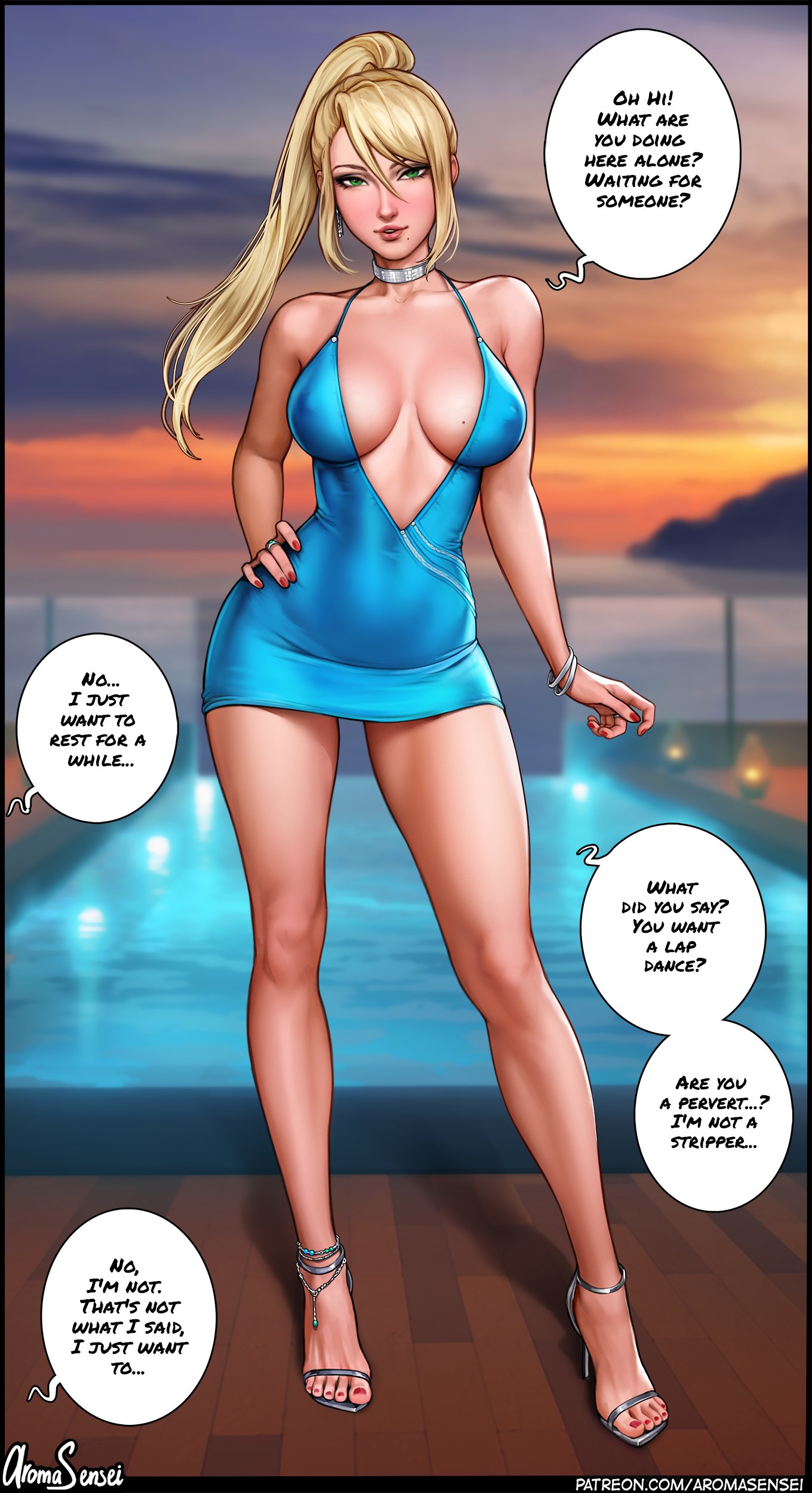 1girls, aroma sensei, bimbo, blonde hair, blue eyes, breasts, choker, cleavage, dress, female, full body, high heels, hourglass figure, inner sideboob, looking at viewer, metroid, nintendo, ponytail, samus aran, skimpy clothes, skimpy dress, solo, speech bubble, standing, suggestive, suggestive pose, thighs
