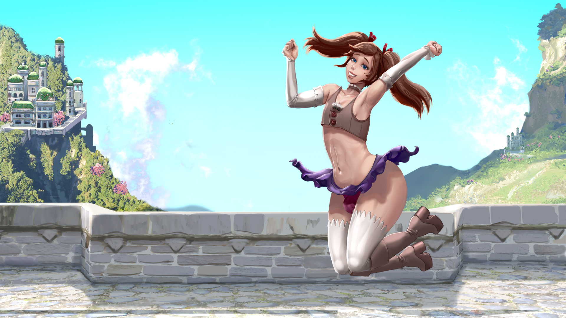 1boy, ass, balls, balls bulge, balls in panties, balls under clothes, belly, belly button, blue eyes, brown hair, bulge, clothed, crossdressing, femboy, flaccid, girly, hiro (tales of androgyny), huge ass, jumping, majalis, male, male only, navel, panties, panty bulge, penis, penis bulge, penis in panties, penis under clothes, sissy, skirt, skirt lift, small balls, small penis, small waist, solo, tales of androgyny, trap, twintails, upskirt, wide hips