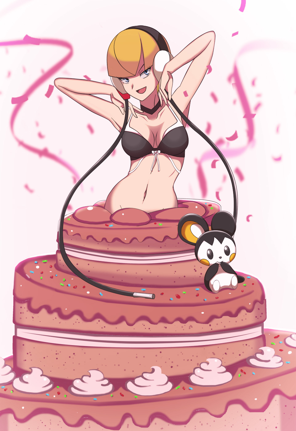 1girls blonde_hair bra cake elesa_(pokemon) elesa_(pokemon_bw) emolga headphones implied_nudity medium_breasts pokémon_(species) pokemon pokemon_bw vivivoovoo