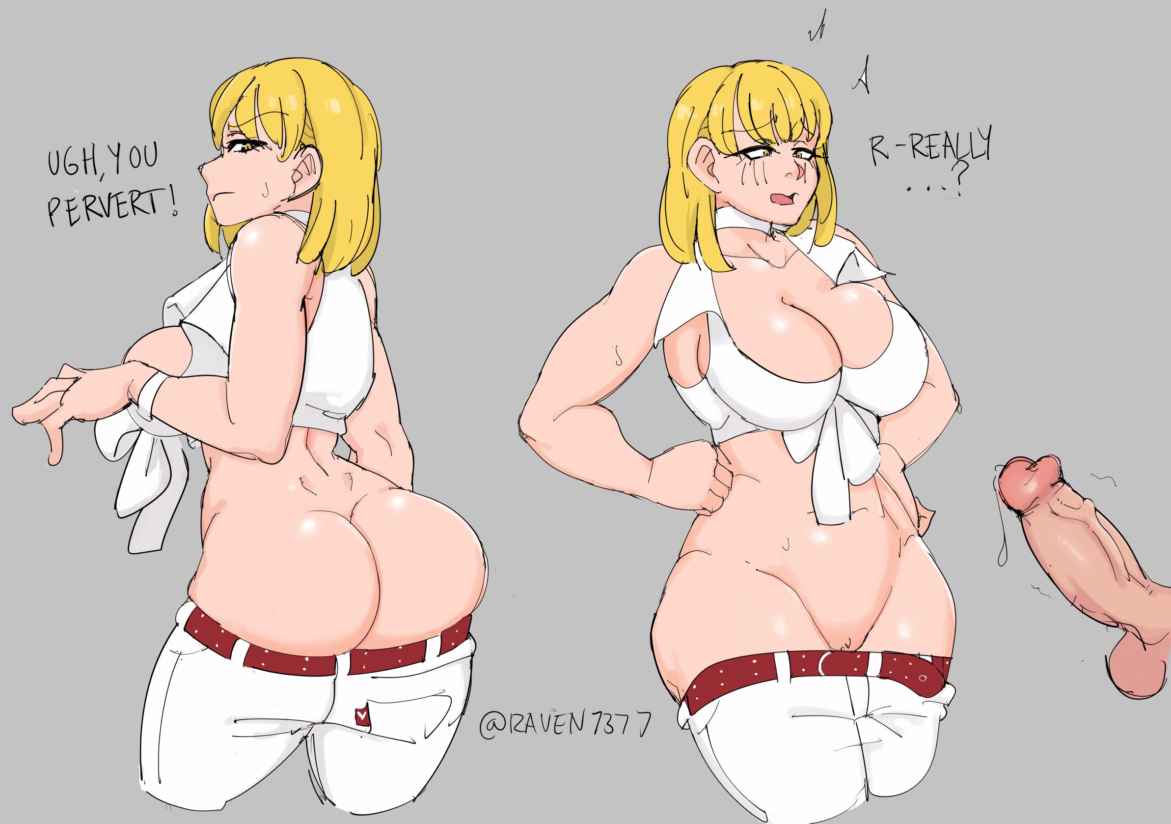 alternate costume, ashley graham, ashley graham (brooke elizabeth mathieson), ashley graham (popstar), ass, ass cleavage, ass crack, big breasts, blonde hair, breasts, bubble ass, bubble butt, butt crack, capcom, commissioner upload, disembodied penis, disgusted, female, huge ass, leon scott kennedy, lowleg, male, official alternate costume, pants, pants down, penis, raven7377, resident evil, resident evil 4, revealing clothes, skimpy, skimpy clothes, white female, white male