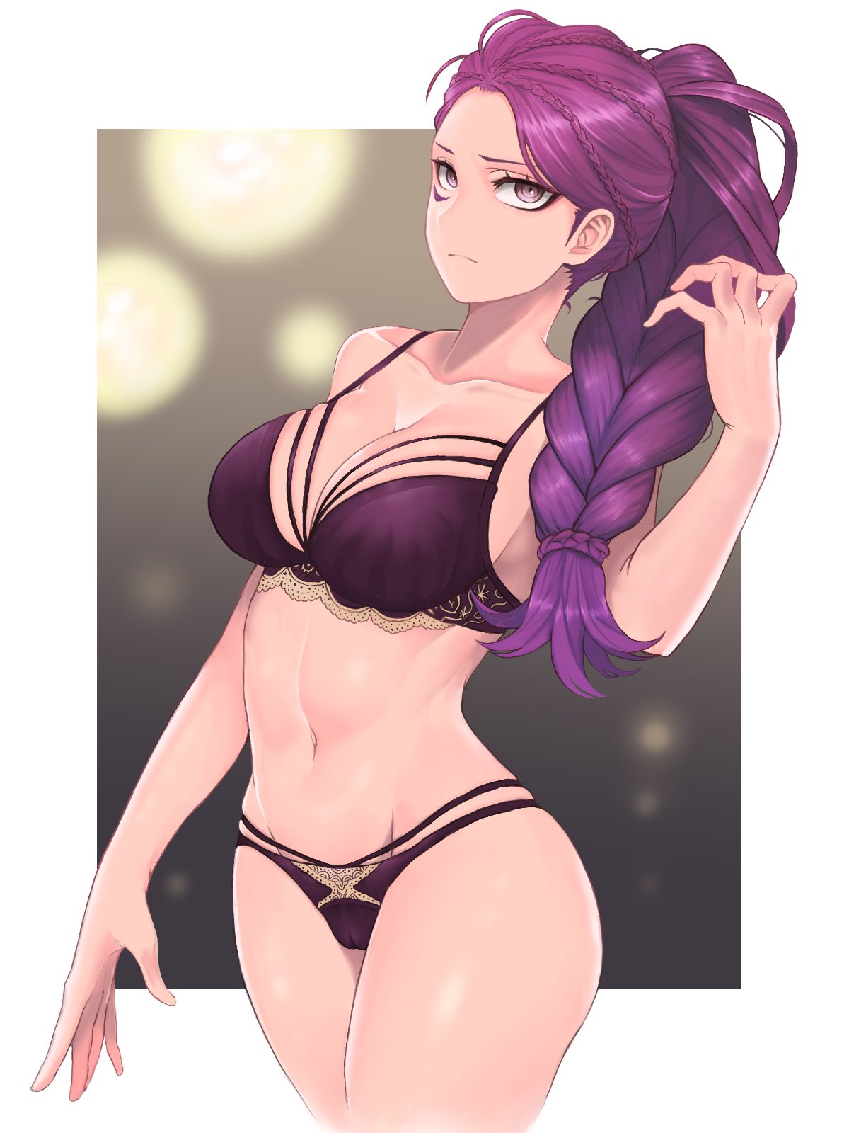 1girls, bare arms, bare midriff, bare shoulders, bare thighs, blurry, blurry background, border, bra, braid, braided ponytail, breasts, cleavage, closed mouth, collarbone, commission, cowboy shot, depth of field, facial mark, female, fire emblem, fire emblem: three houses, forehead, frown, hand up, higher resolution available, highres, large breasts, long hair, looking at viewer, navel, nintendo, outside border, panties, partially visible vulva, petra macneary, pocari66, ponytail, purple bra, purple eyes, purple hair, purple panties, pussy, single braid, skeb commission, solo, stomach, underwear, underwear only, v-shaped eyebrows, white border