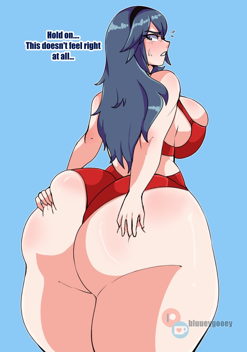 1girls, alternate version available, ass, back view, big ass, bikini, bimbo, blue background, bluueygooey, bottom heavy, breasts, bubble ass, bubble butt, chubby, chubby female, curvy, english text, fat ass, female, female focus, fire emblem, fire emblem awakening, gigantic ass, hips, huge ass, huge breasts, hyper, hyper ass, long hair, looking back, lucina (fire emblem), nintendo, plump, simple background, solo, solo female, swimsuit, text, thick thighs, thighs, voluptuous, watermark, weight gain, wide hips