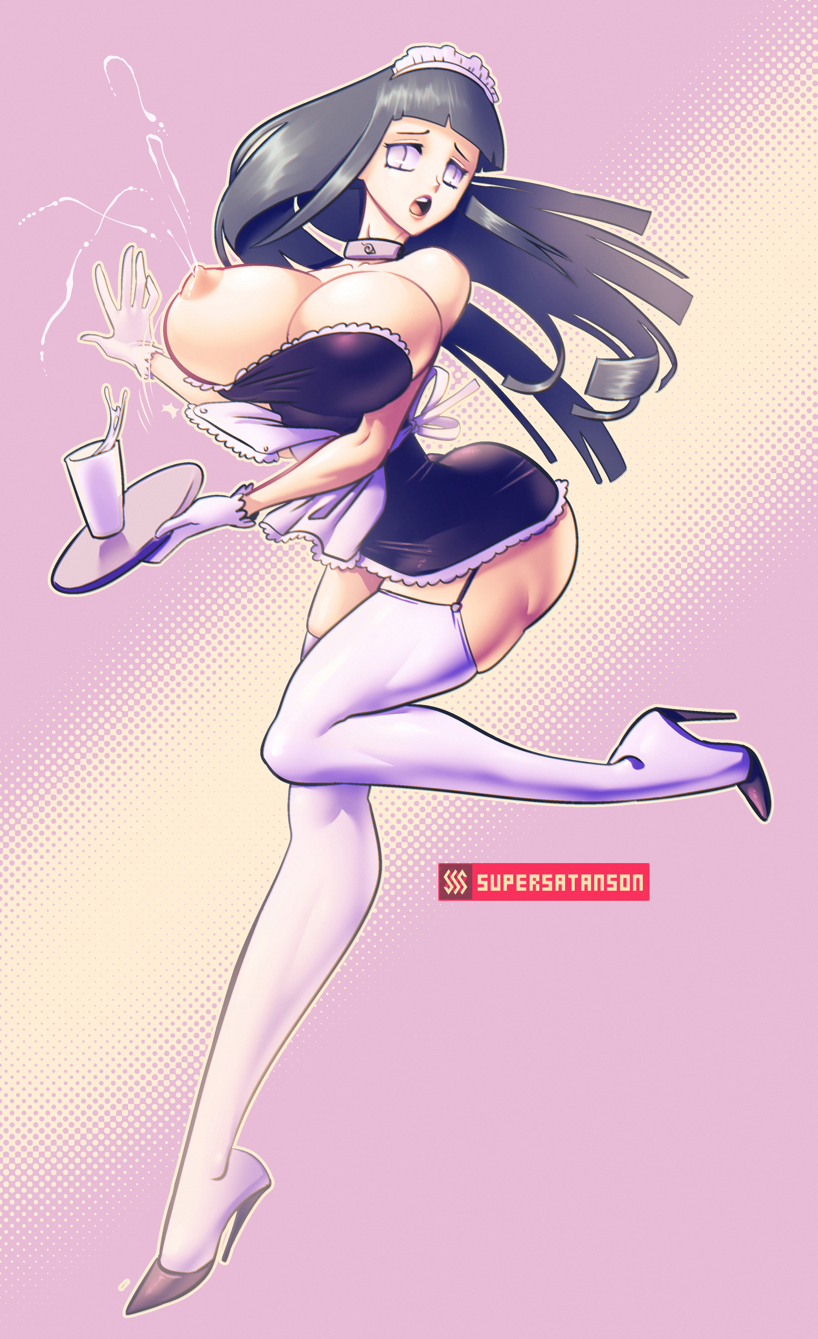 1girls, accident, accidental circumstance, accidental exposure, apron, ass, big ass, black hair, blunt bangs, breasts, bubble ass, clumsy, collar, costume, cup, curvaceous, curvy, curvy female, curvy figure, dress, drink, feet, female, female only, footwear, forehead protector, garter straps, glass, gloves, hair ornament, heels, high resolution, hime cut, hourglass figure, hyuuga hinata, konohagakure symbol, lactation, light skin, light-skinned female, long hair, maid, maid headdress, maid uniform, minidress, naruto, naruto (series), naruto shippuden, one breast out, open mouth, outfit, pinup, raised leg, round ears, shiny, shiny hair, shiny skin, shounen jump, sidelocks, skindentation, slim waist, solo, solo focus, stockings, supersatanson, tray, tripping, uncensored, violet eyes, wardrobe malfunction