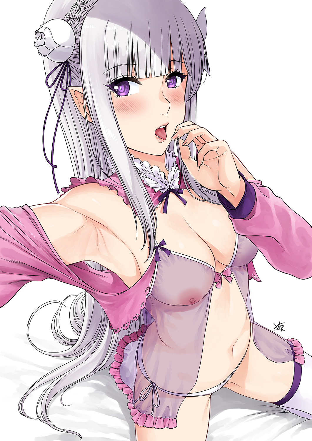 armpits, bangs, bare shoulders, beckoning, blunt bangs, blush, braid, breasts, bright pupils, come hither, crown braid, elf, emilia (re:zero), erect nipples, erect nipples under clothes, eyebrows visible through hair, fellatio gesture, female, female only, fingernails, flower hair ornament, hair ornament, high resolution, lips, long hair, looking at viewer, midriff, navel, nipples, no bra, pointed ears, purple eyes, re:zero kara hajimeru isekai seikatsu, seductive, see-through, sidelocks, silver hair, solo, stockings, tagme, tied hair, tongue, tongue out, very long hair, white legwear, white stockings, white underwear, x hair ornament, xtermination