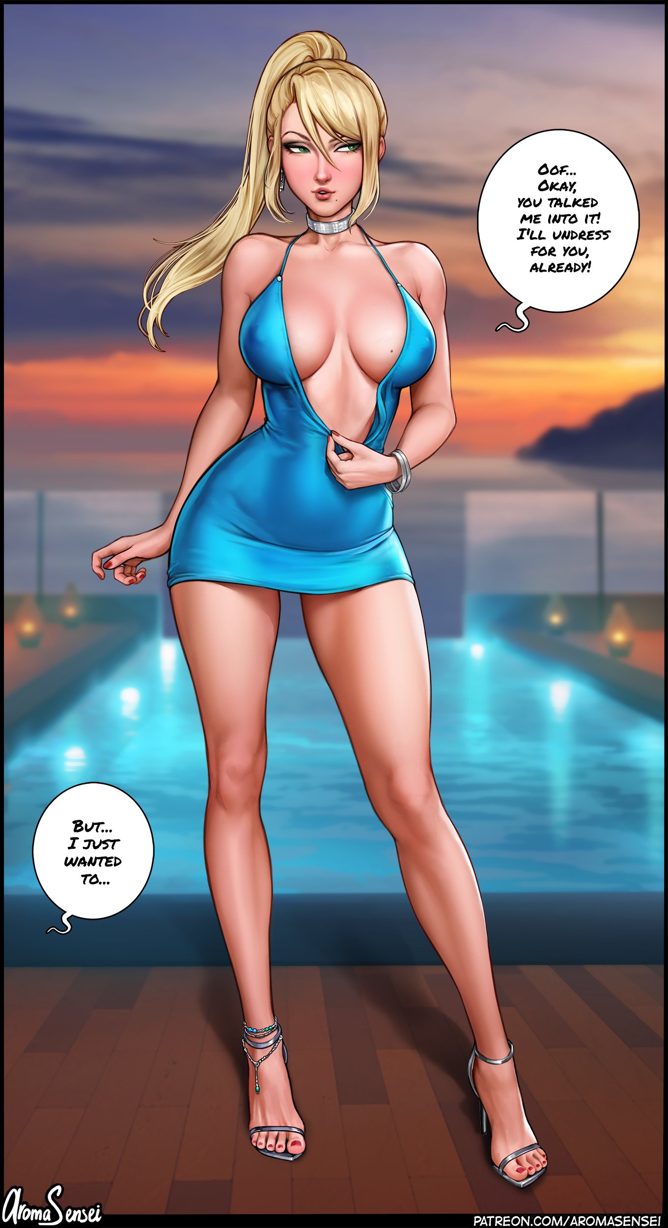 1girls, aroma sensei, bimbo, blonde hair, blue eyes, breasts, choker, cleavage, dress, female, full body, high heels, inner sideboob, looking to the side, metroid, nintendo, ponytail, samus aran, skimpy clothes, skimpy dress, solo, speech bubble, standing, thighs, undressing