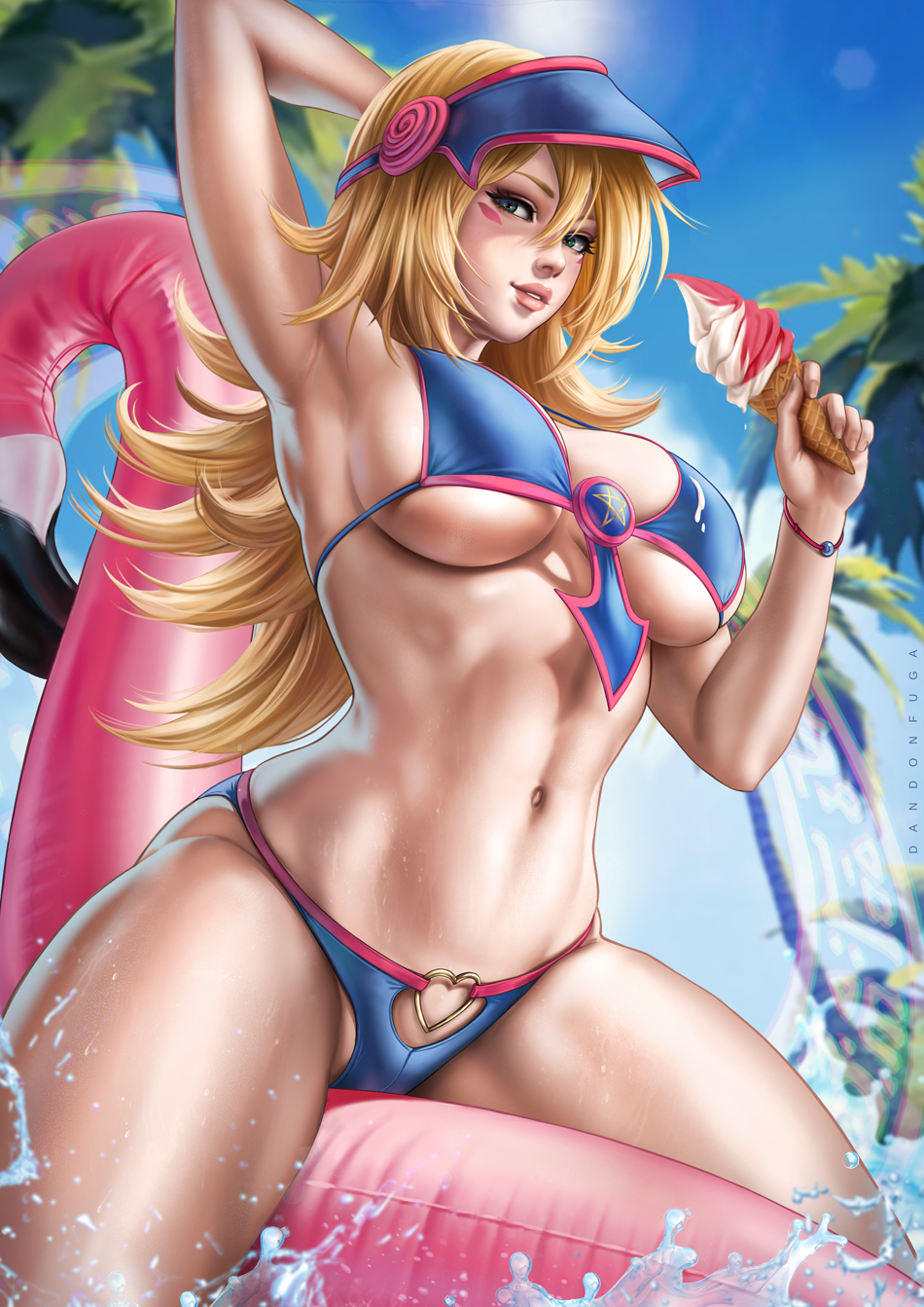 1girls, bikini, bikini bottom, bikini top, blonde hair, breasts, child bearing hips, dandon fuga, dark magician girl, female, female focus, female only, green eyes, hand behind head, ice cream, looking at viewer, suggestive look, thick thighs, thighs, toned, toned female, wide hips, yu-gi-oh!