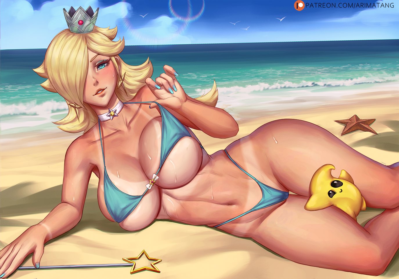 1girls 2021 alternate_breast_size arimatang beach between_thighs bikini bikini_top_pull bimbo blue_bikini blue_eyes blue_nail_polish blush breasts crown earrings feet_out_of_frame female female_focus female_only hair_over_one_eye hips large_breasts looking_at_viewer luma lying_on_side mario_(series) medium_hair nail_polish nintendo outdoors painted_nails princess_rosalina sand slim_waist star_earrings super_mario_galaxy sweat sweaty_body swimsuit tan tan-skinned_female tan_skin tanline tanline_peek tanlines tanned tanned_skin thick_thighs thigh_gap thighs underboob wand water wide_hips