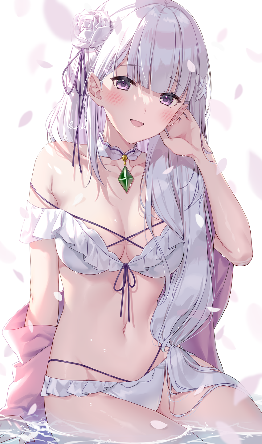 bangs bare_shoulders bent_knees bikini blunt_bangs blush breasts cleavage detached_collar elf emerald_(gemstone) emilia_(re:zero) female flower gem grey_hair hair_flower hair_ornament hair_ribbon high_resolution in_water kuroki_(ma-na-tu) large_breasts lingerie long_hair looking_at_viewer low-tied_long_hair medium_breasts navel off_shoulder open_clothes open_mouth pixiv_id_7638578 pointed_ears purple_eyes purple_ribbon re:zero_kara_hajimeru_isekai_seikatsu ribbon rose silver_hair simple_background sitting sitting_in_water smile solo swimsuit tagme thighs tied_hair underwear water white_background white_bikini white_flower white_rose white_swimsuit x_hair_ornament