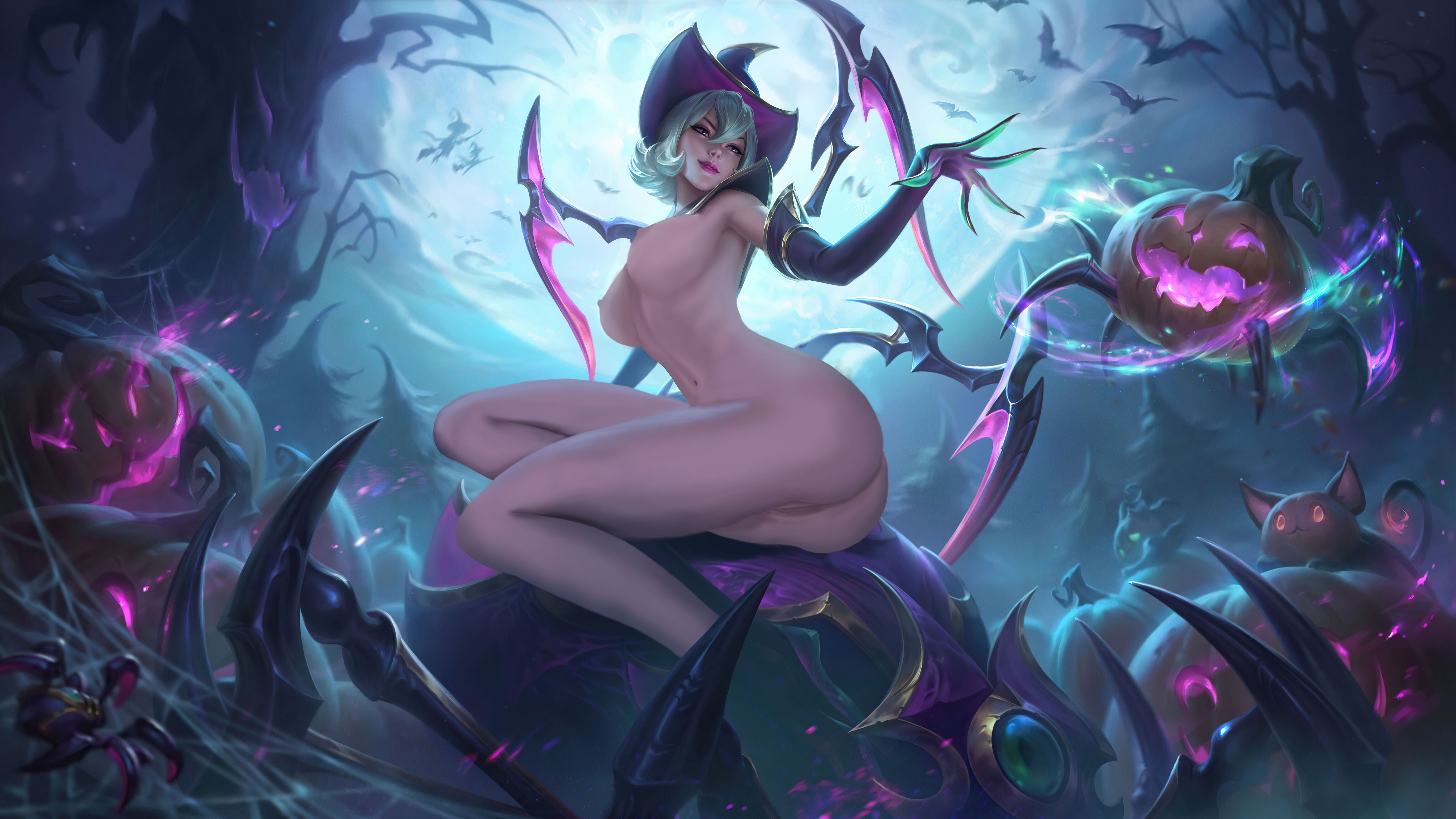 bewitching elise, edited official artwork, elise kythera zaavan, female, halloween, harrowing series, league of legends, naked female, spider, tales from the rift series