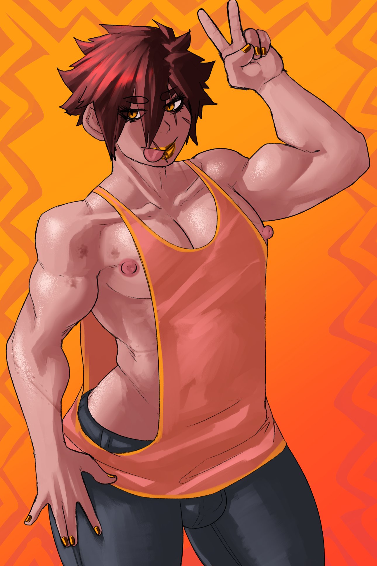 1boy, ambush (trap), axred7, brown hair, bulge, clothed, femboy, girly, gold lipstick, golden nails, lips, lipstick, makeup, male, male only, muscular, nail polish, nipples, peace sign, scars, short hair, simple background, solo, tongue, trap, yellow eyes