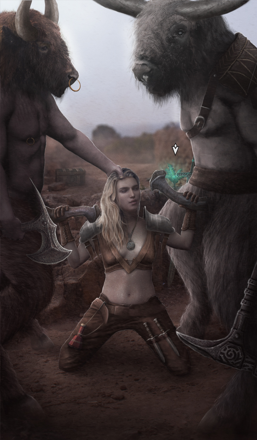 1girls 2boys double_handjob hand_on_penis handjob kneeling minotaur monster on_ground skyrim tagme the_elder_scrolls threesome wasmachensachen