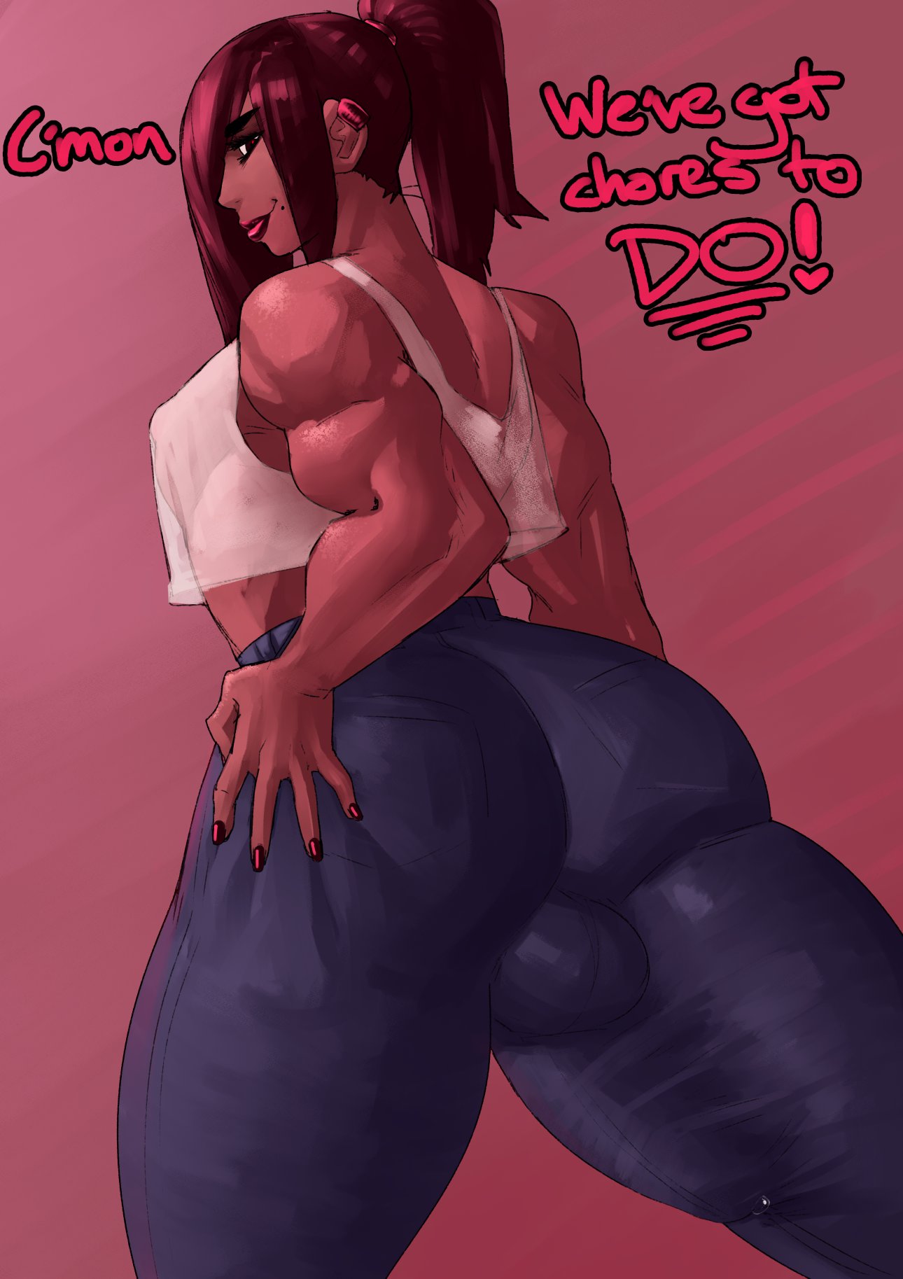 1boy, ass, axred7, back view, backsack, balls, ballsack, beauty mark, big ass, big bulge, big butt, breasts, bulge, clothed, dark male only, dark skin, dark-skinned femboy, dark-skinned male, dialogue, earrings, english text, femboy, gay, girly, long hair, looking back, male, male only, muscular, nail polish, pants, ponytail, red hair, red lips, red lipstick, red nail polish, red nails, sideboob, simple background, solo, tan, tan skin, thick thighs, trap, voluptuous, wide hips, yaoi