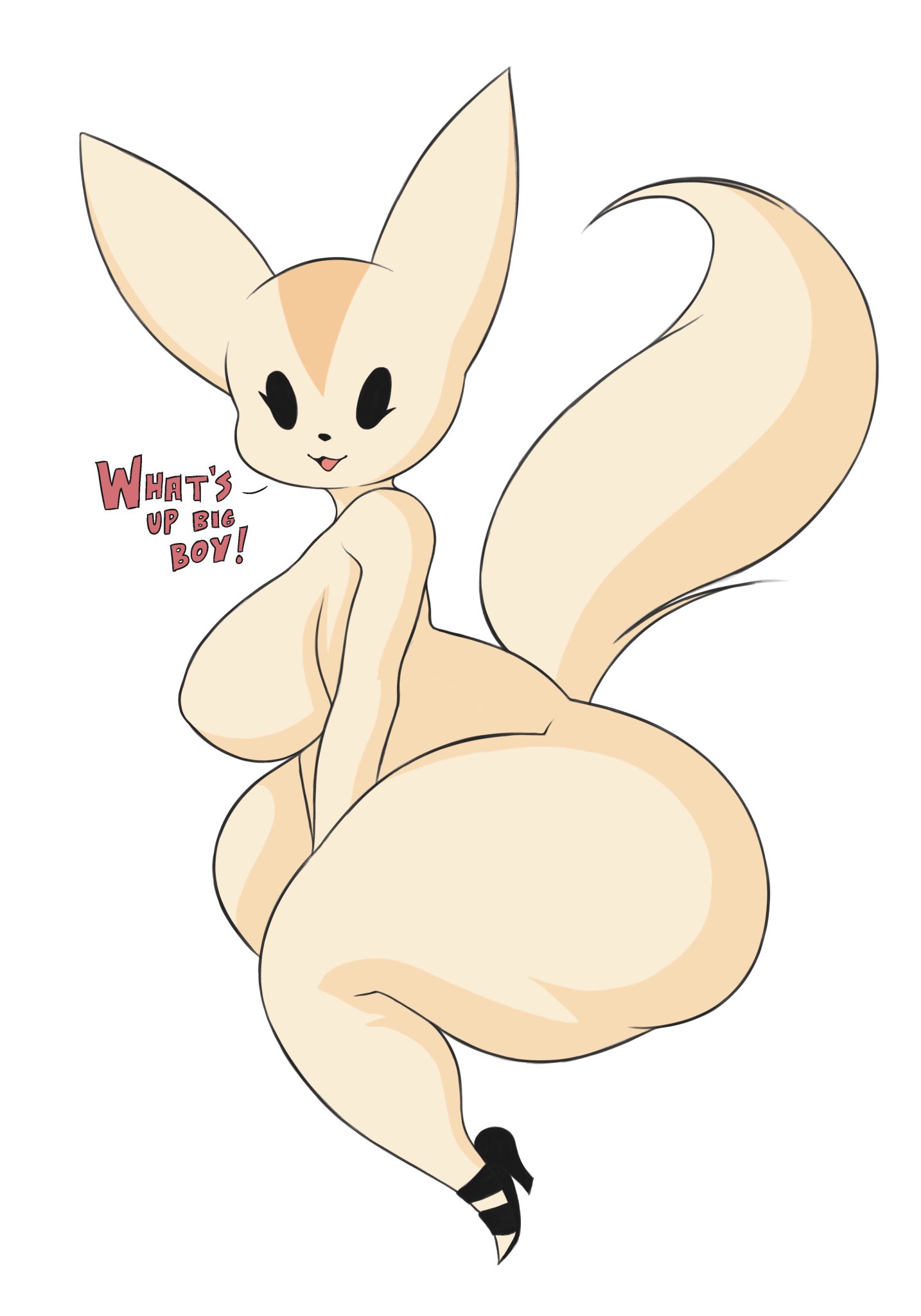 :3, aggressive retsuko, ass, big ass, big breasts, breasts, dialogue, english text, featureless breasts, female, fennec, fenneko, footwear, fox, fur, furry, furry only, huge ass, mob face, mostly nude, no nipples, saltyxodium, sanrio, straight hair, tail, text, thick thighs, wide hips