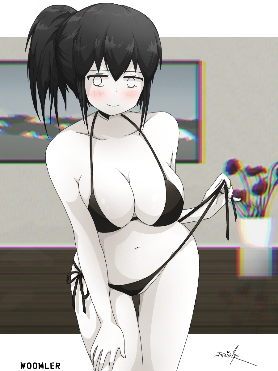 bikini black_bikini black_hair black_panties blossom_hope blush blushing_at_viewer breasts female female_only looking_at_viewer medium_breasts misaki_takamiya ponytail signature watermark white_eyes white_skin woomler