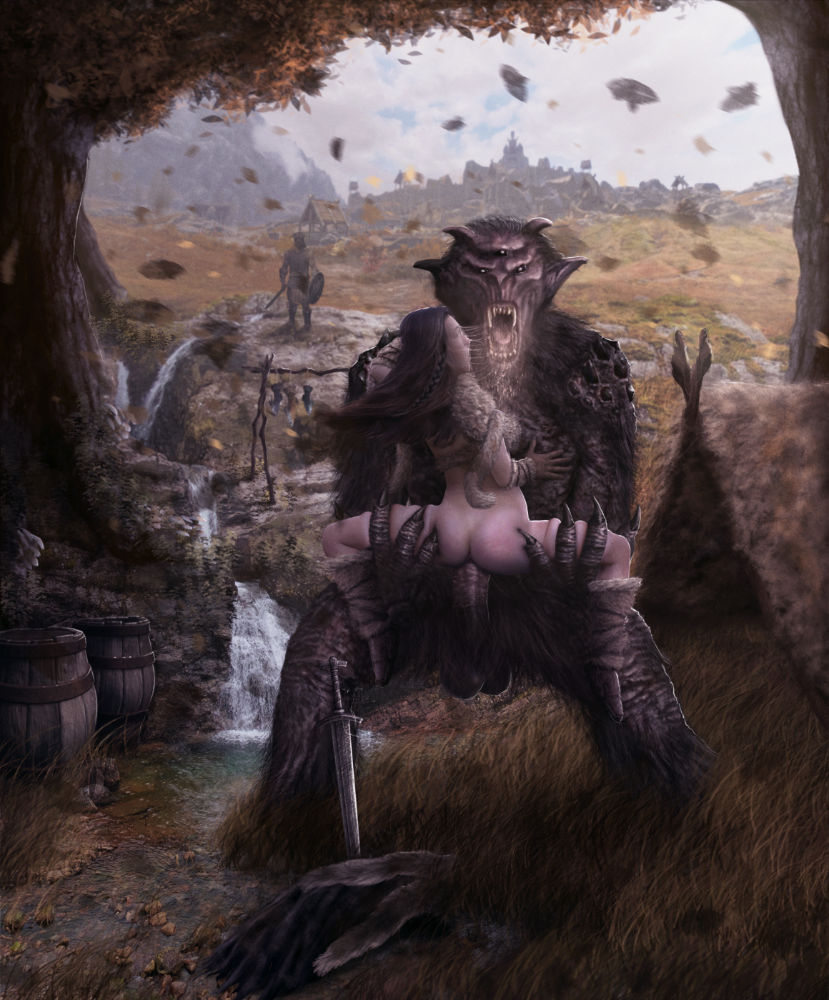 1boy, 1girls, bandit, female, male, monster, rape, skyrim, the elder scrolls, troll, troll (skyrim), wasmachensachen