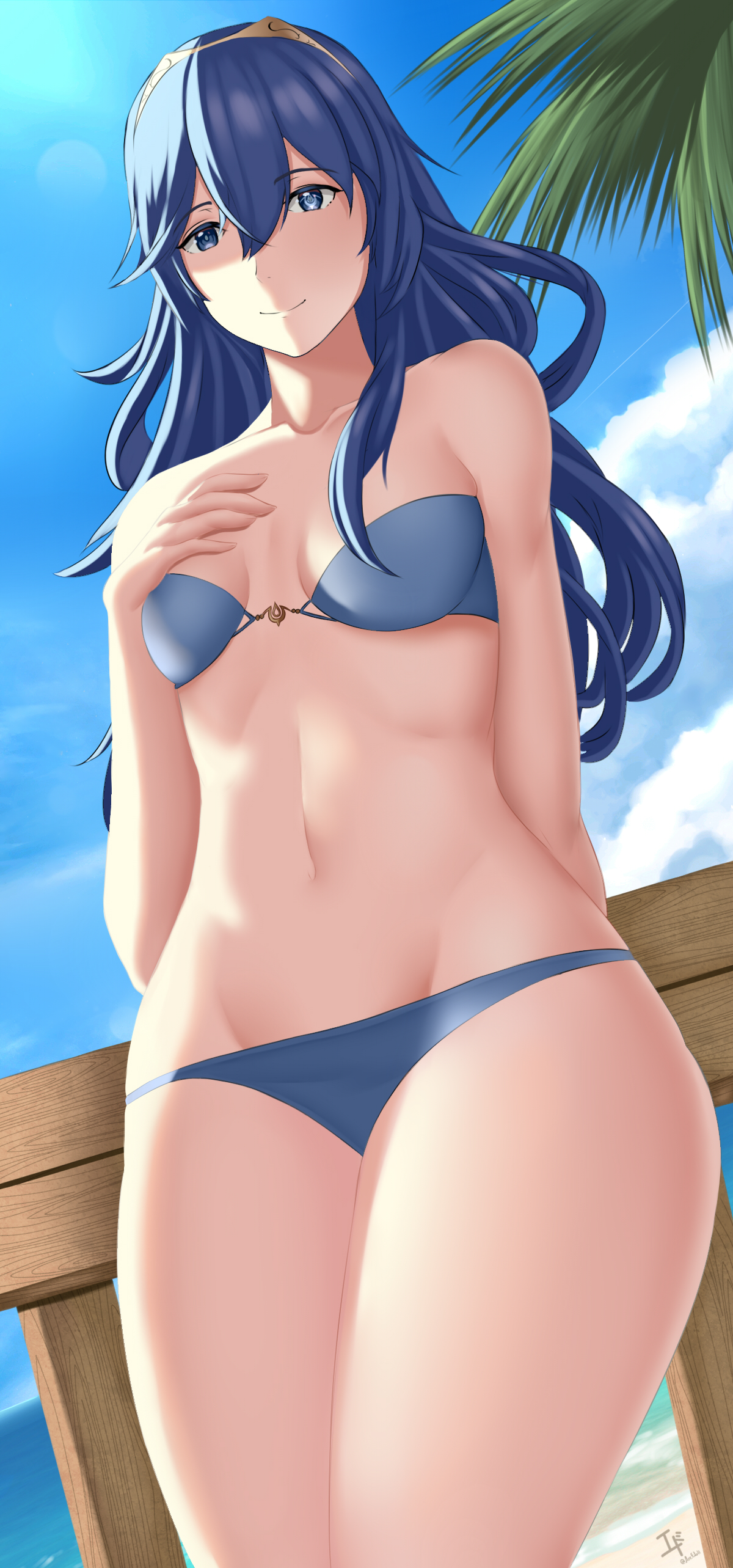 1girls, arcedo, bare legs, beach, bikini, blue bikini, blue eyes, blue hair, blue swimsuit, breasts, female, fire emblem, fire emblem awakening, hair between eyes, long hair, looking at viewer, lucina (fire emblem), nintendo, ocean, outdoors, small breasts, smile, solo, swimsuit, symbol-shaped pupils, thick thighs, tiara