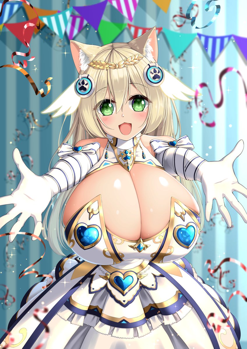 :3 big_breasts blonde_hair cat_ears cute green_eyes huge_breasts kaedeno_yuu looking_at_viewer nekomusu_reimu pov pov_eye_contact reaching_towards_viewer smile wholesome